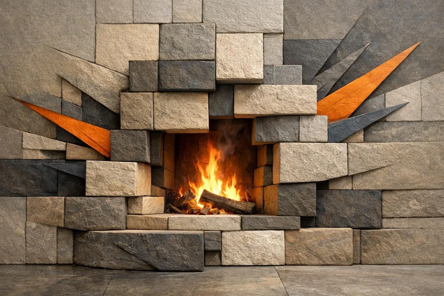 Cheminée design moderne en pierre naturelle aux formes géométriques audacieuses, créant une ambiance élégante et chaleureuse.