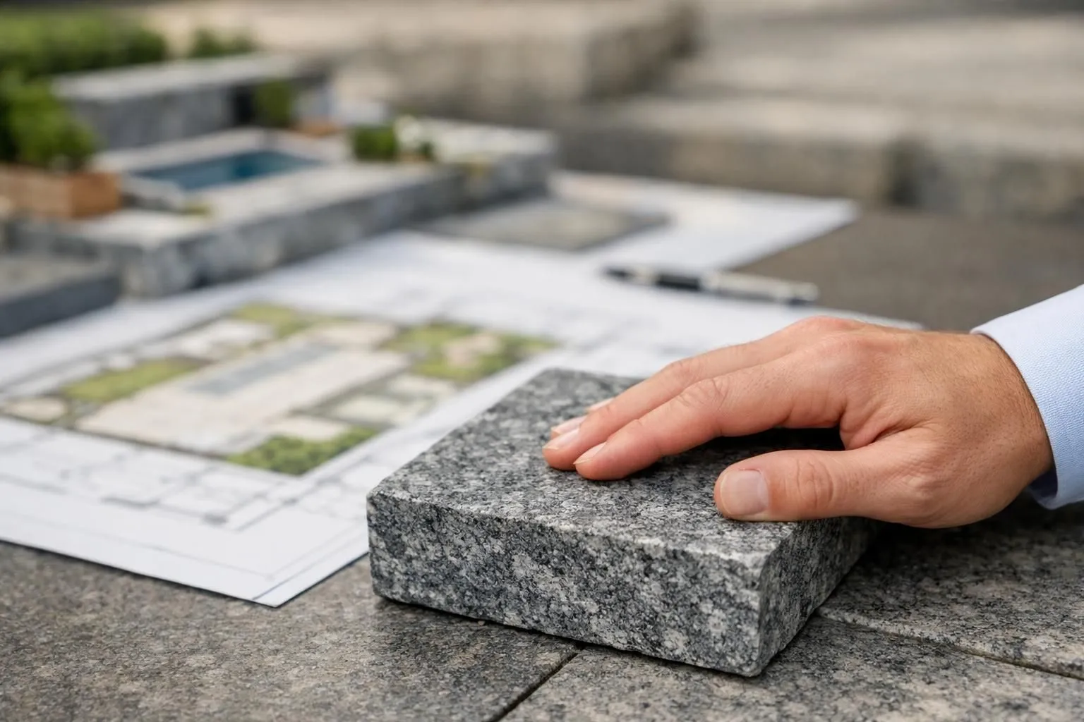 Main professionnelle inspectant un pavé de granit de qualité, évoquant les pavés granit prix suisse.