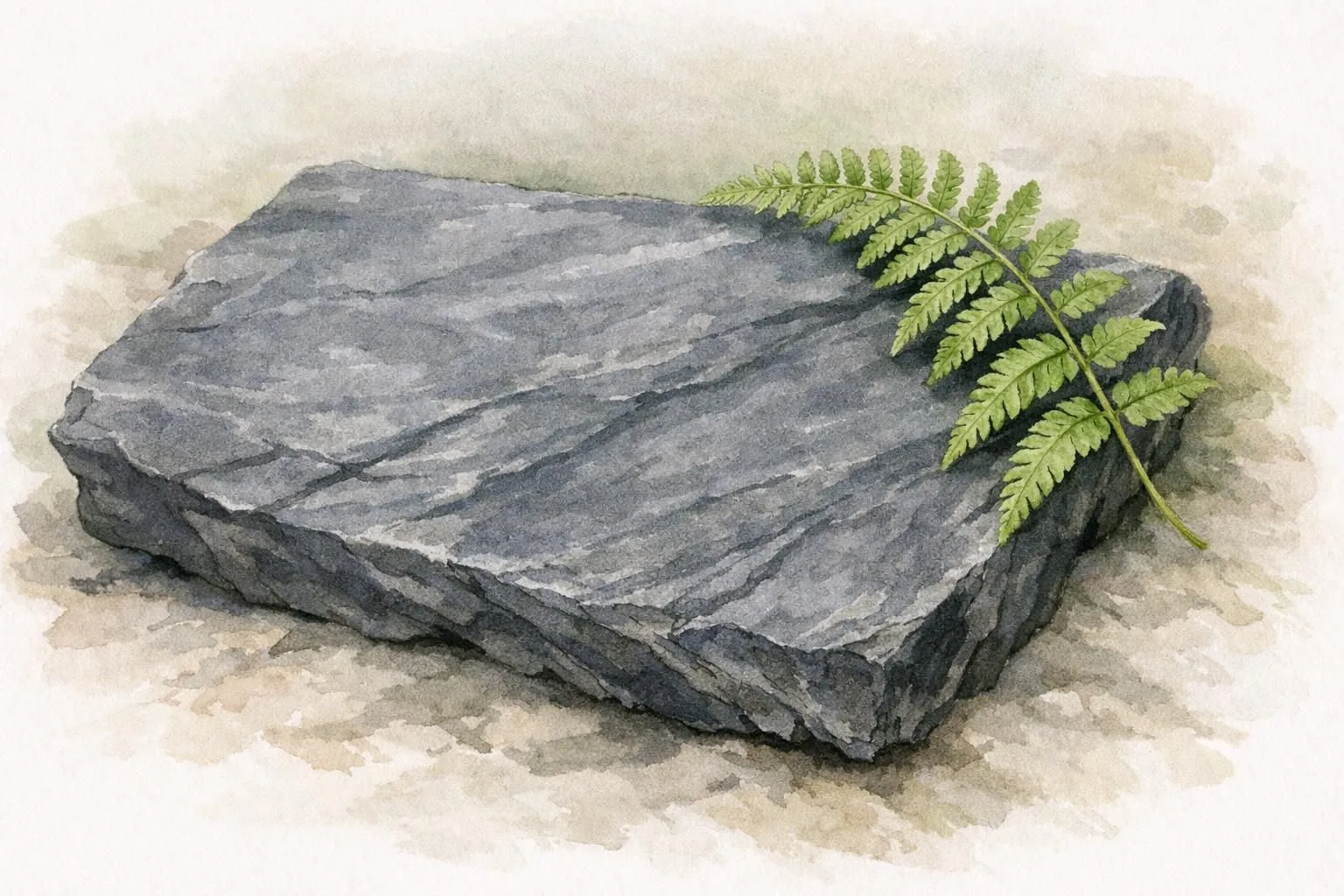 Qu'est-ce que la phyllite vieillie: illustration aquarelle douce d'une dalle de roche avec fougère délicate, composition orga