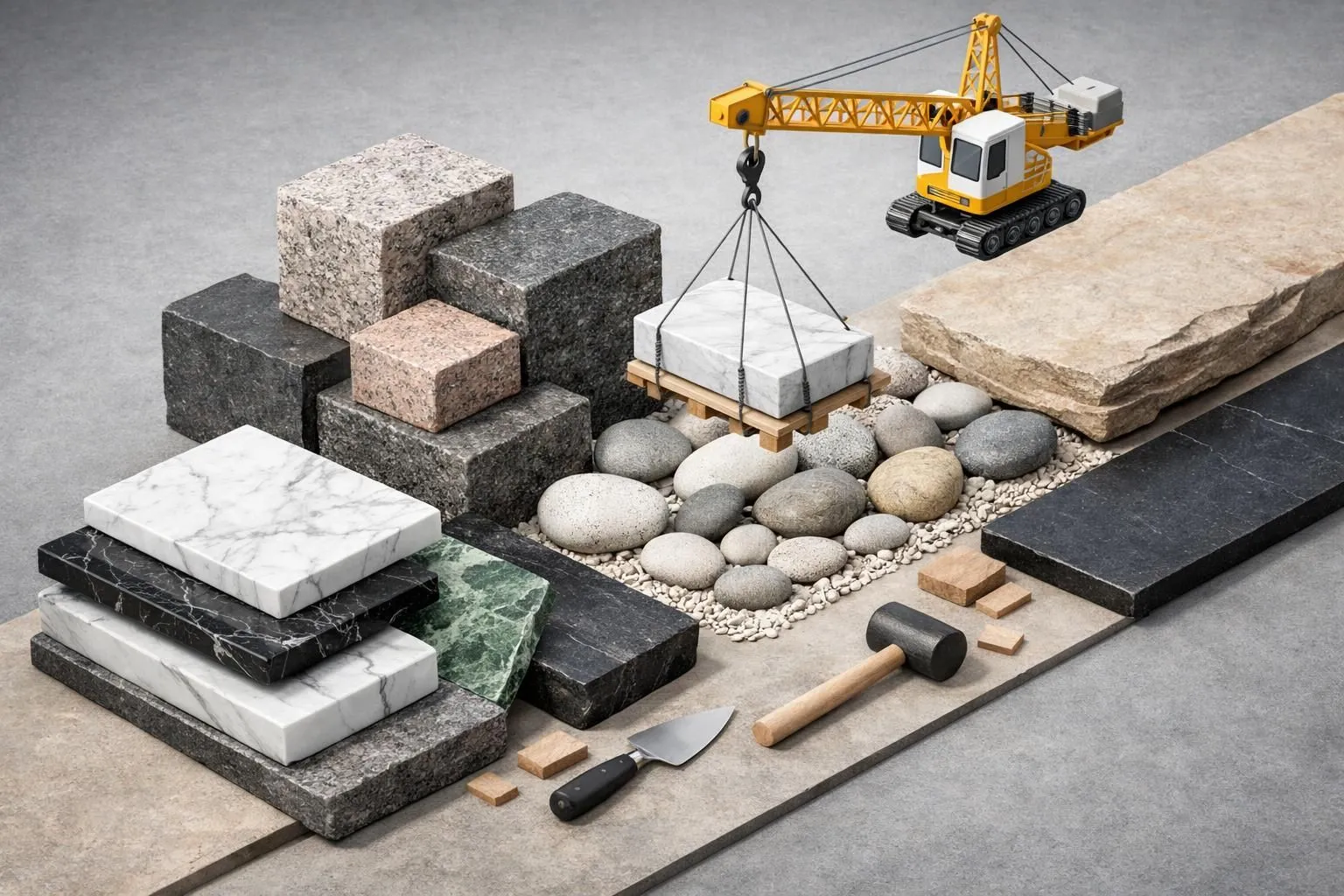 Fournisseur materiaux pierre Geneve: scène isométrique 3D de divers matériaux de pierre, marbre, granit, et grue moderne.