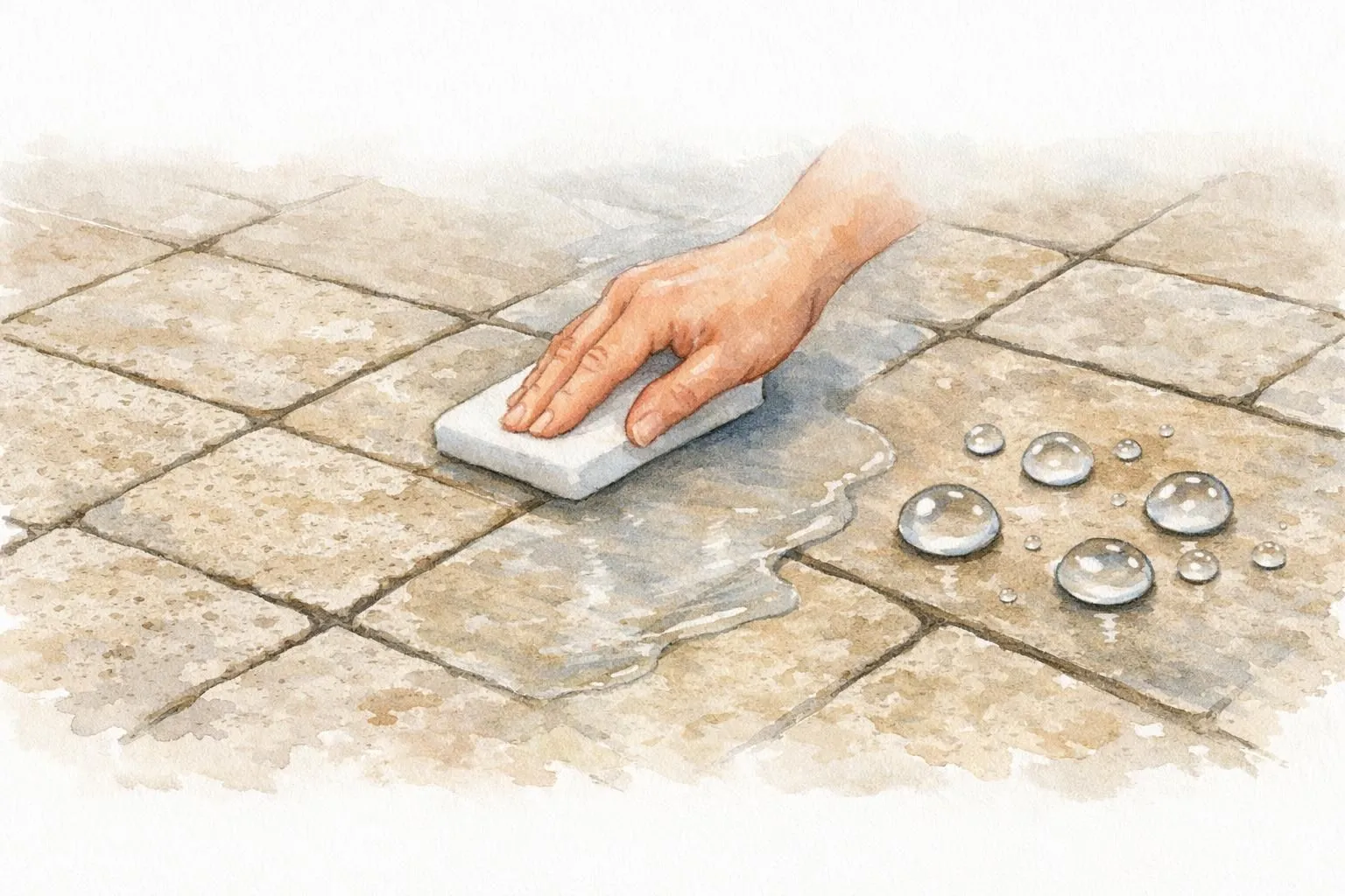 Illustration aquarelle du processus pour imperméabiliser pierre naturelle. Un traitement protecteur est appliqué et l'eau per