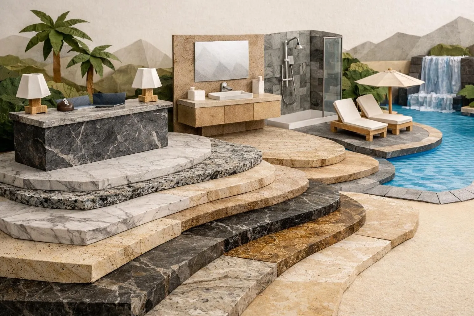 Chemin papier craft guide vers solutions de pierre naturelle pour hôtels (réception, salles de bain, piscine).