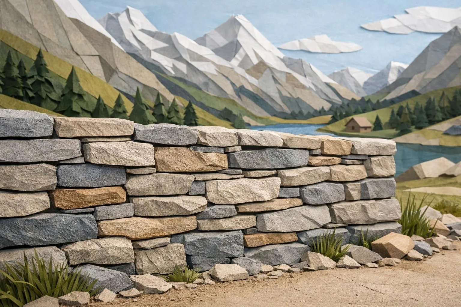 Mur de soutènement en pierre naturelle, style paper craft, intégré dans un paysage suisse montagneux. Design créatif et tacti