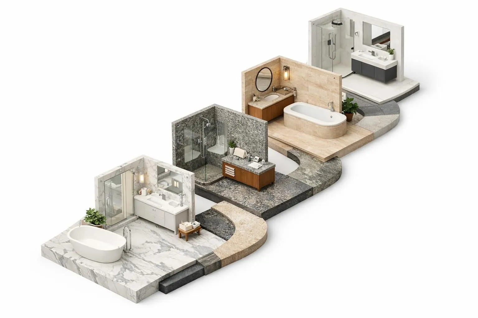 Image isométrique 3D montrant comment choisir pierre pour salle de bain selon besoins et budget.
