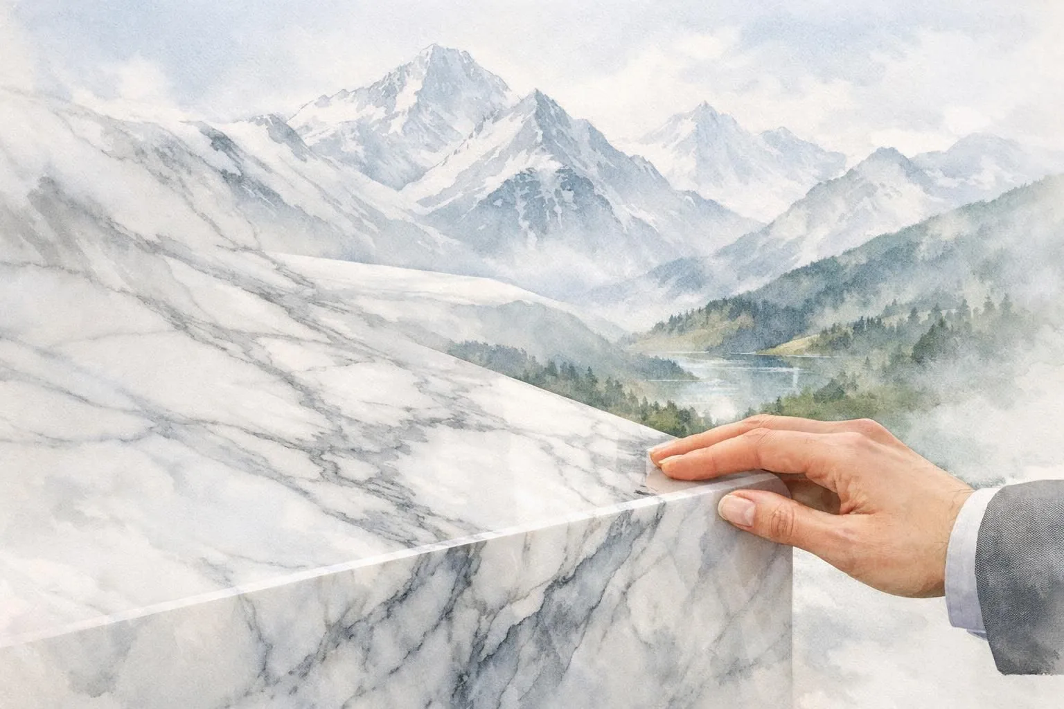 Illustration aquarelle: élégant marbre blanc veiné et Alpes, l'importateur marbre suisse de qualité exceptionnelle avec servi