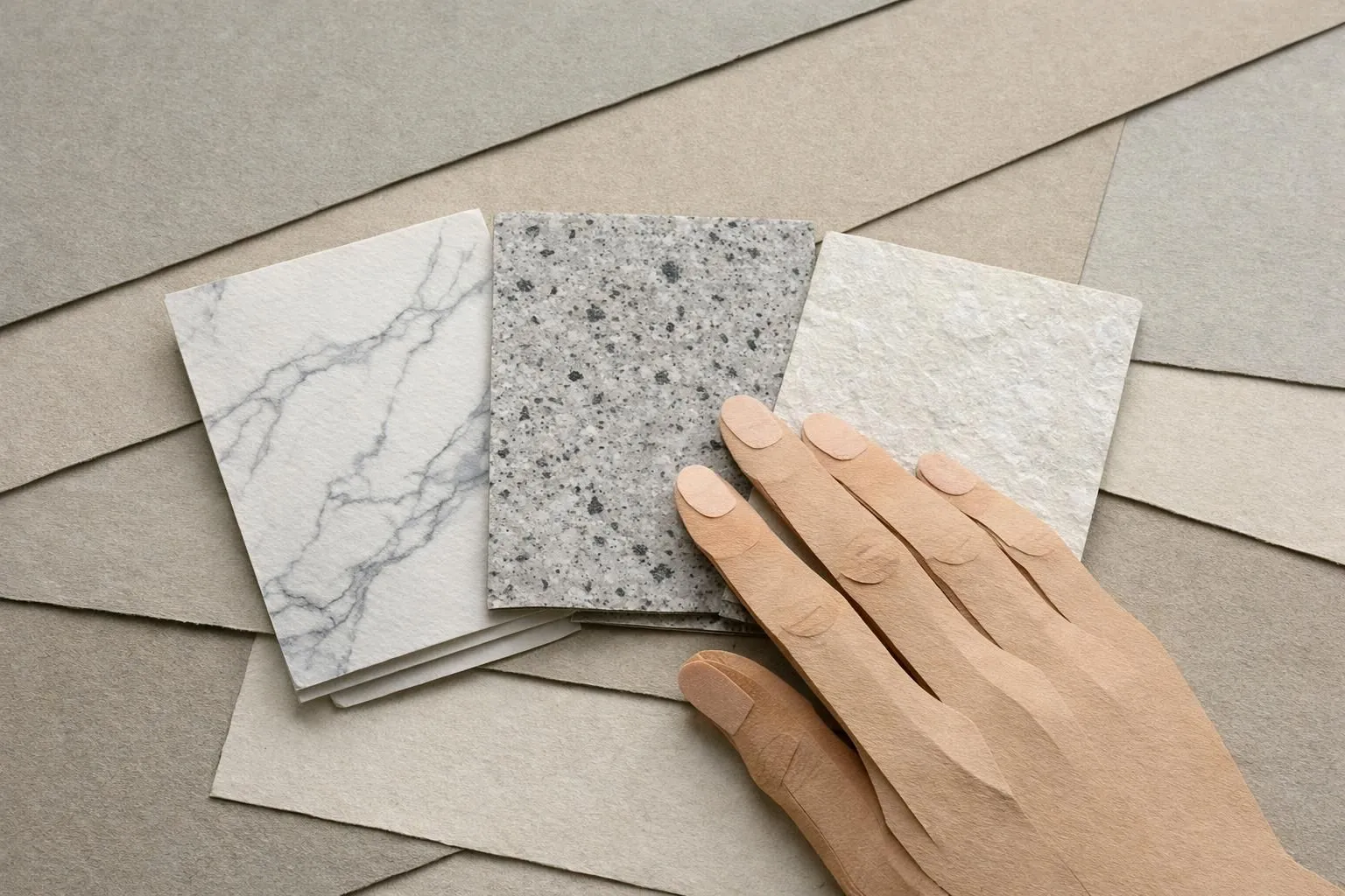 Comparaison pierres naturelles: échantillons papier craft de marbre, granit et quartzite pour choix de projet design, aspect