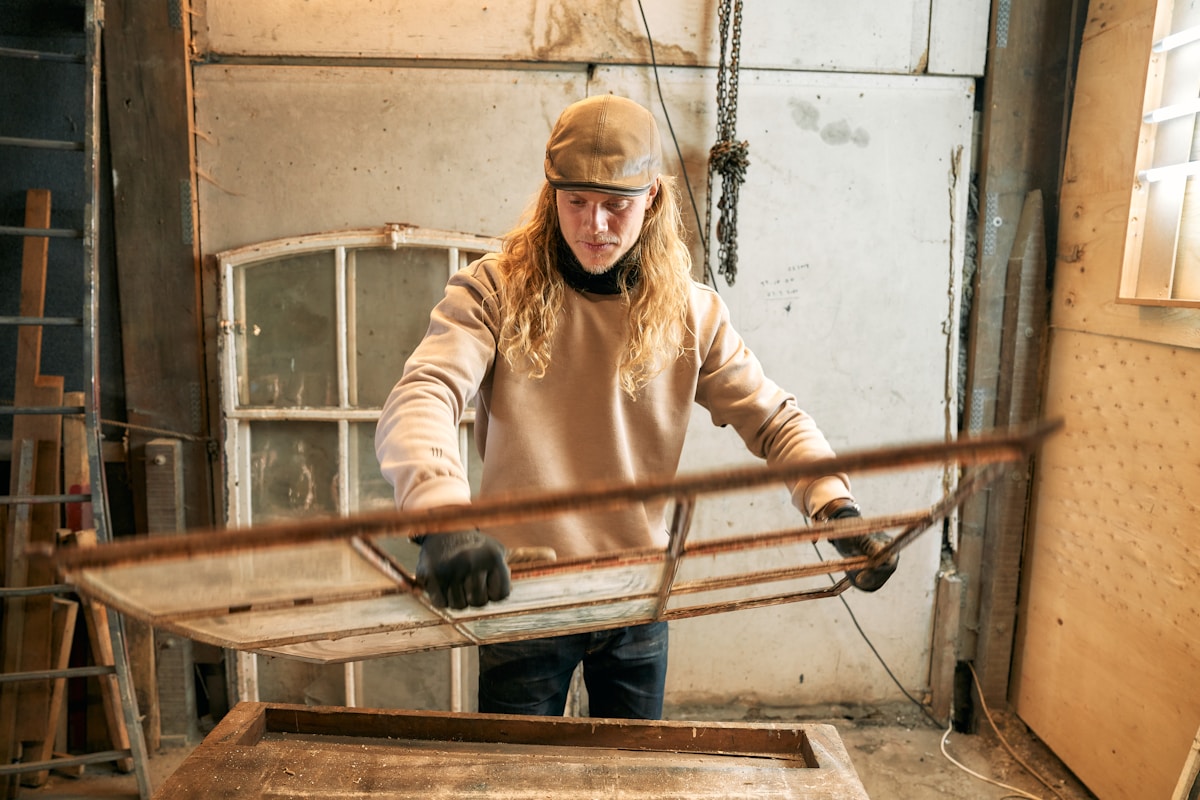 A woman is working on a piece of furniture