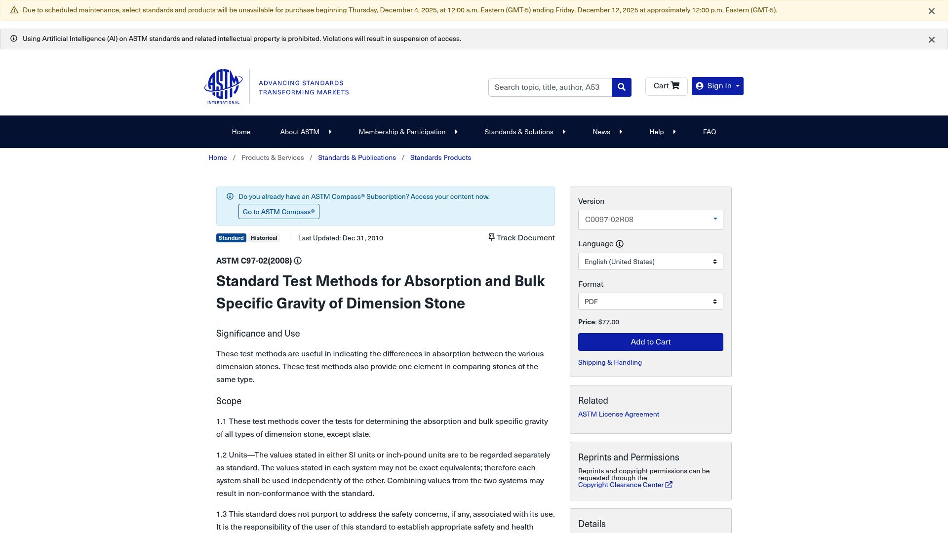 Screenshot of standard stone testing document explaining porosity and flexural strength values