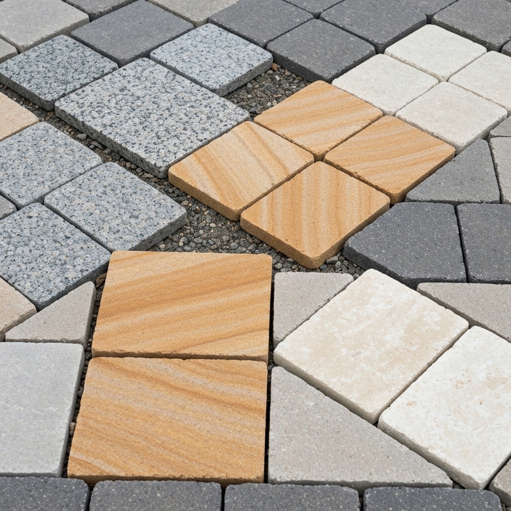 Close-up of various natural stone paver samples arranged on outdoor ground, showing granite, sandstone and limestone textures with different finishes, natural daylight, professional product photography