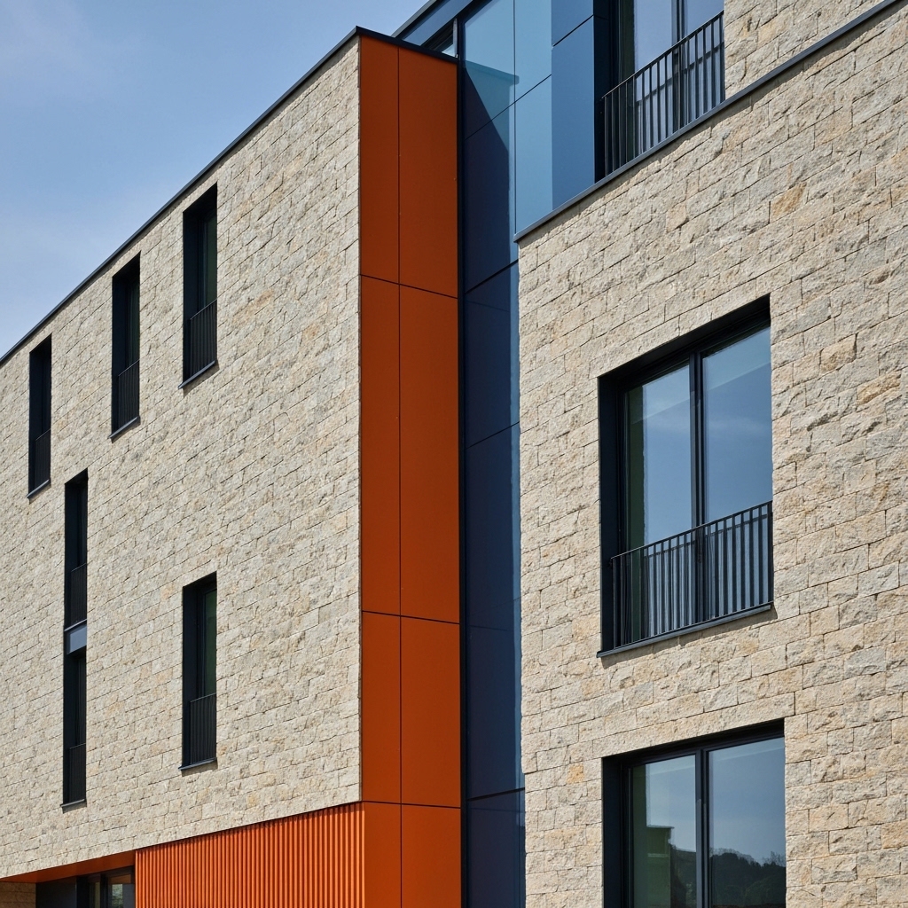 Modern Swiss building facade featuring large format natural stone panels with minimal joints, contemporary architectural design with clean lines and sophisticated stone texture