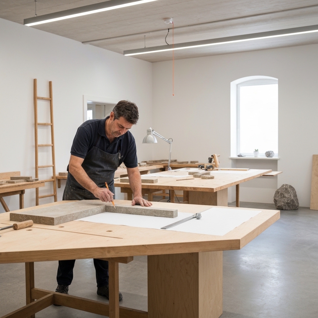 Professional stone craftsman measuring and cutting natural stone slabs in a modern Swiss workshop with precision tools, natural lighting illuminating the workspace