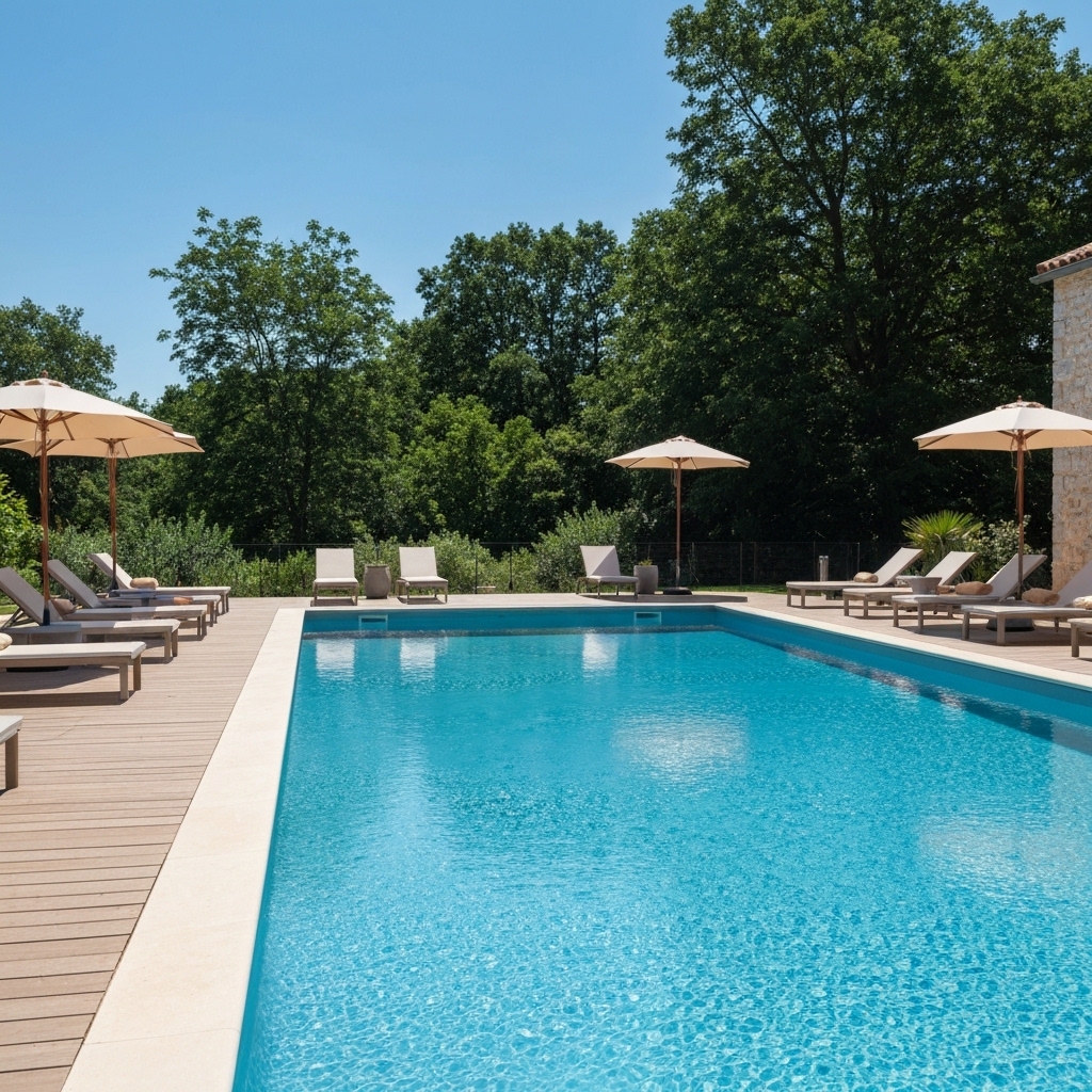 Luxury swimming pool with natural stone coping and deck, sunlight reflecting on water surface, surrounded by elegant landscaping with modern outdoor furniture