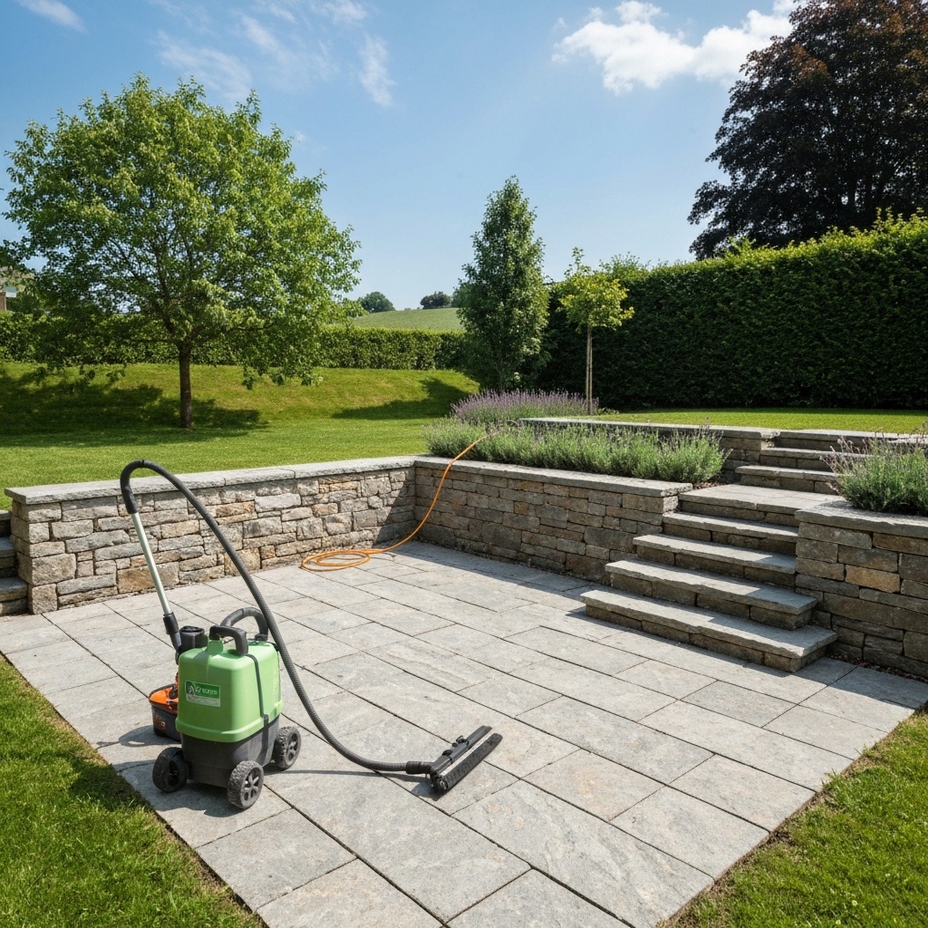 Vue rapprochée d'une terrasse en pierre naturelle avant et après nettoyage professionnel, montrant la différence de teinte et de propreté des dalles, avec équipement de nettoyage professionnel visible, environnement résidentiel suisse avec jardin en arrière-plan