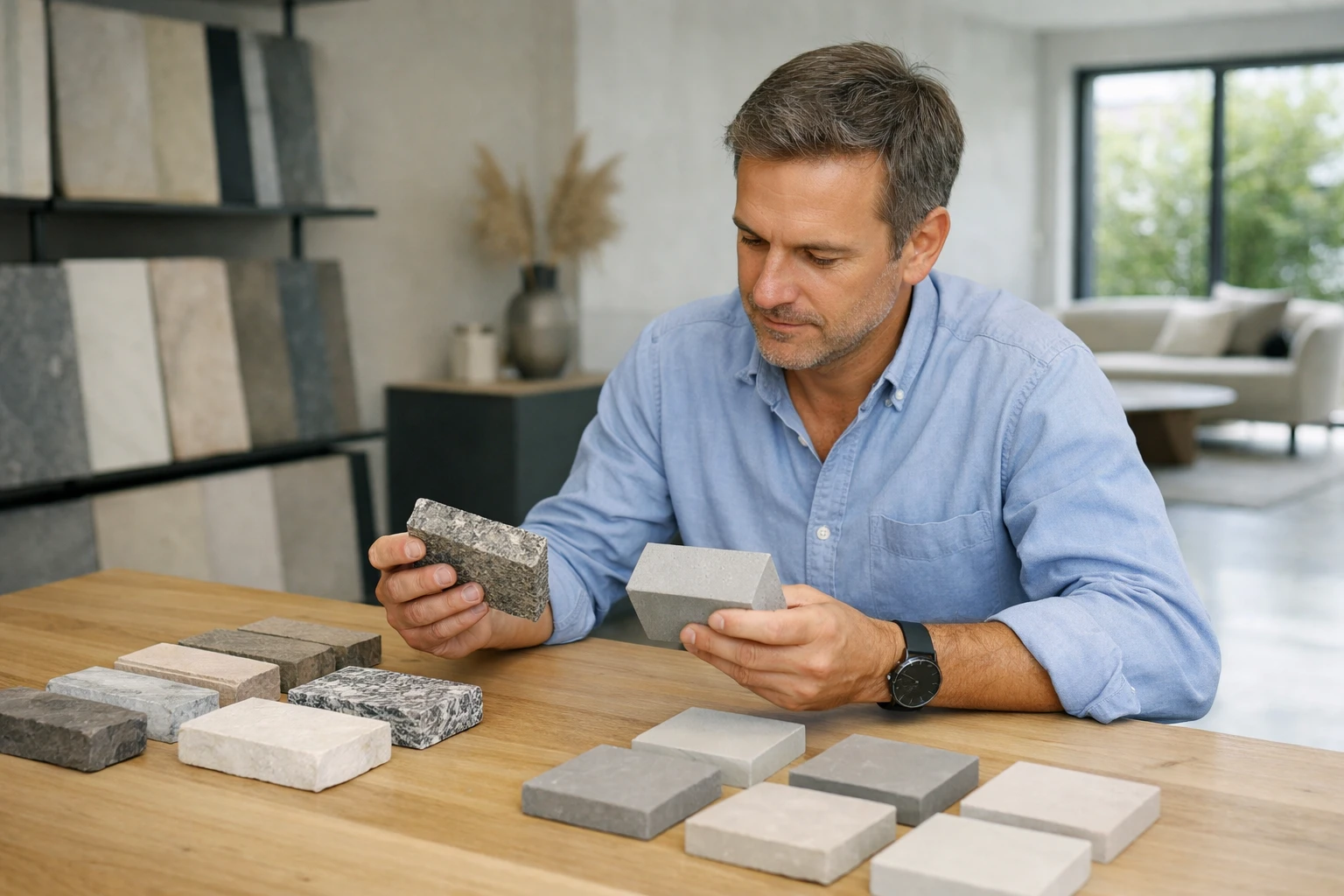 Professionnel examinant des échantillons de pierre naturelle et de béton ciré côte à côte sur une table de travail dans un showroom de matériaux de construction moderne, lumière naturelle, ambiance professionnelle