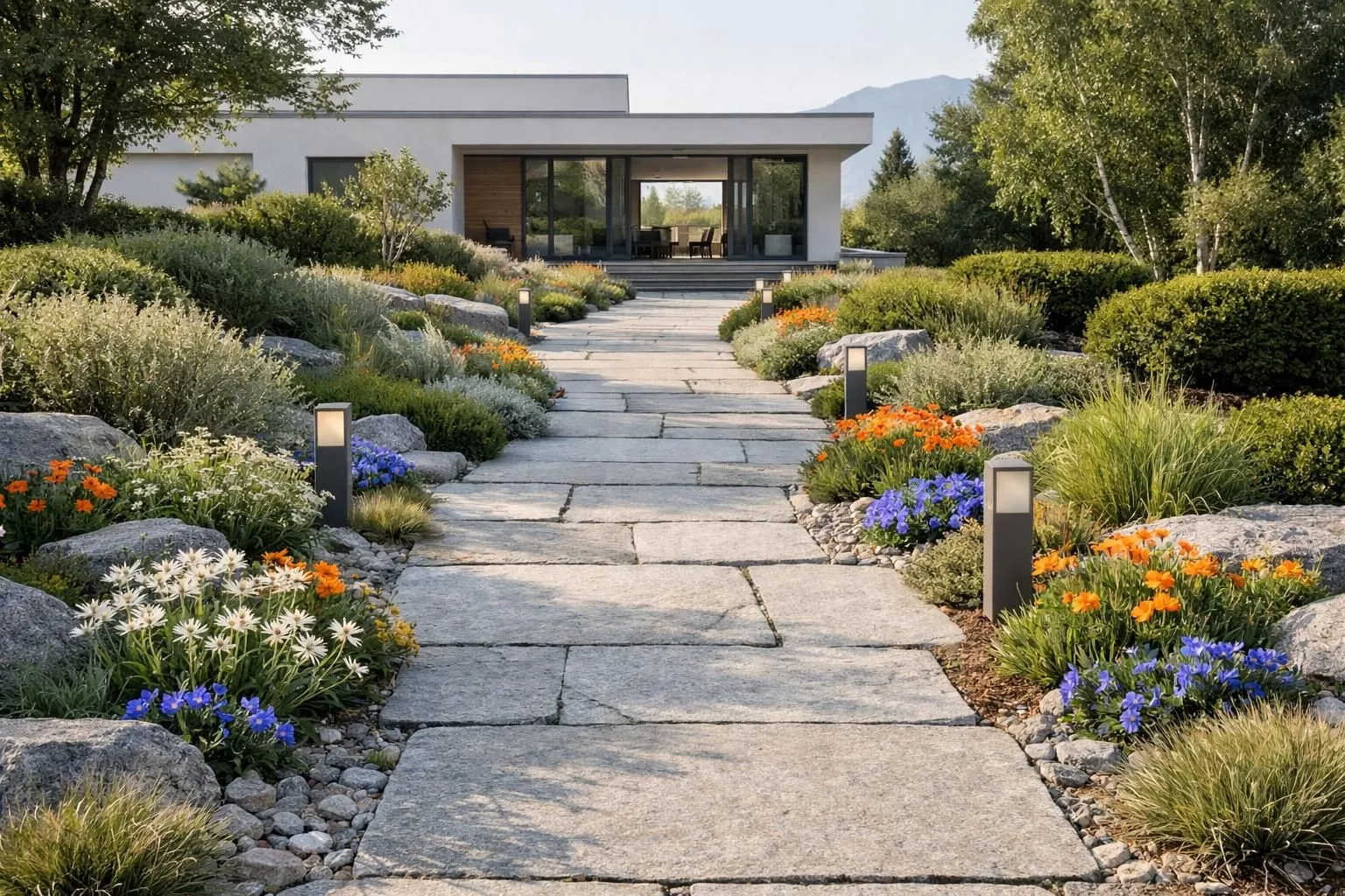Elegant curved garden pathway made of natural stone pavers in light gray tones, leading through a manicured Swiss garden with native plants and Alpine flowers, morning sunlight highlighting the textured stone surface, high-end villa visible in background, photorealistic style