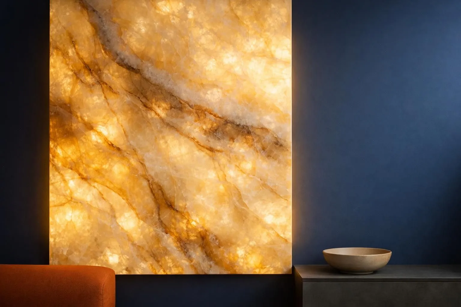 Backlit onyx stone panel in warm honey and amber tones displaying natural translucent veining patterns, installed as luxury interior wall feature with subtle LED lighting creating glowing effect through the stone's crystalline structure