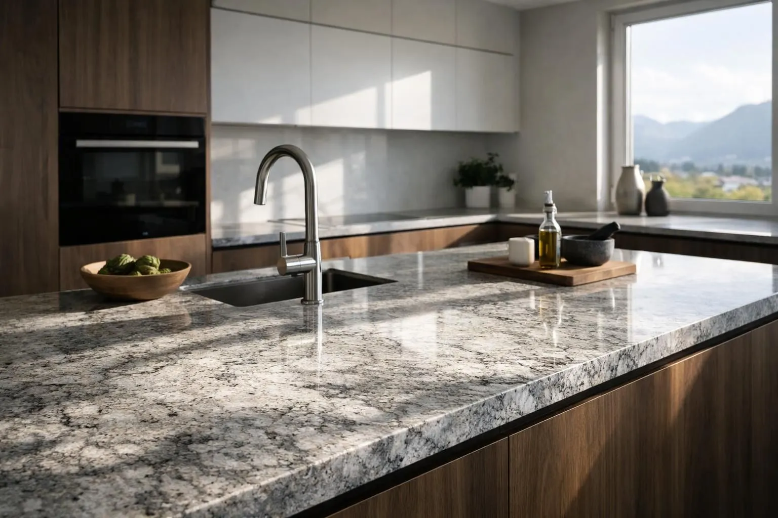 Modern Swiss kitchen featuring elegant granite countertop with visible natural stone patterns, professional lighting highlighting texture and quality, chrome faucet and minimalist design elements, realistic interior photography style