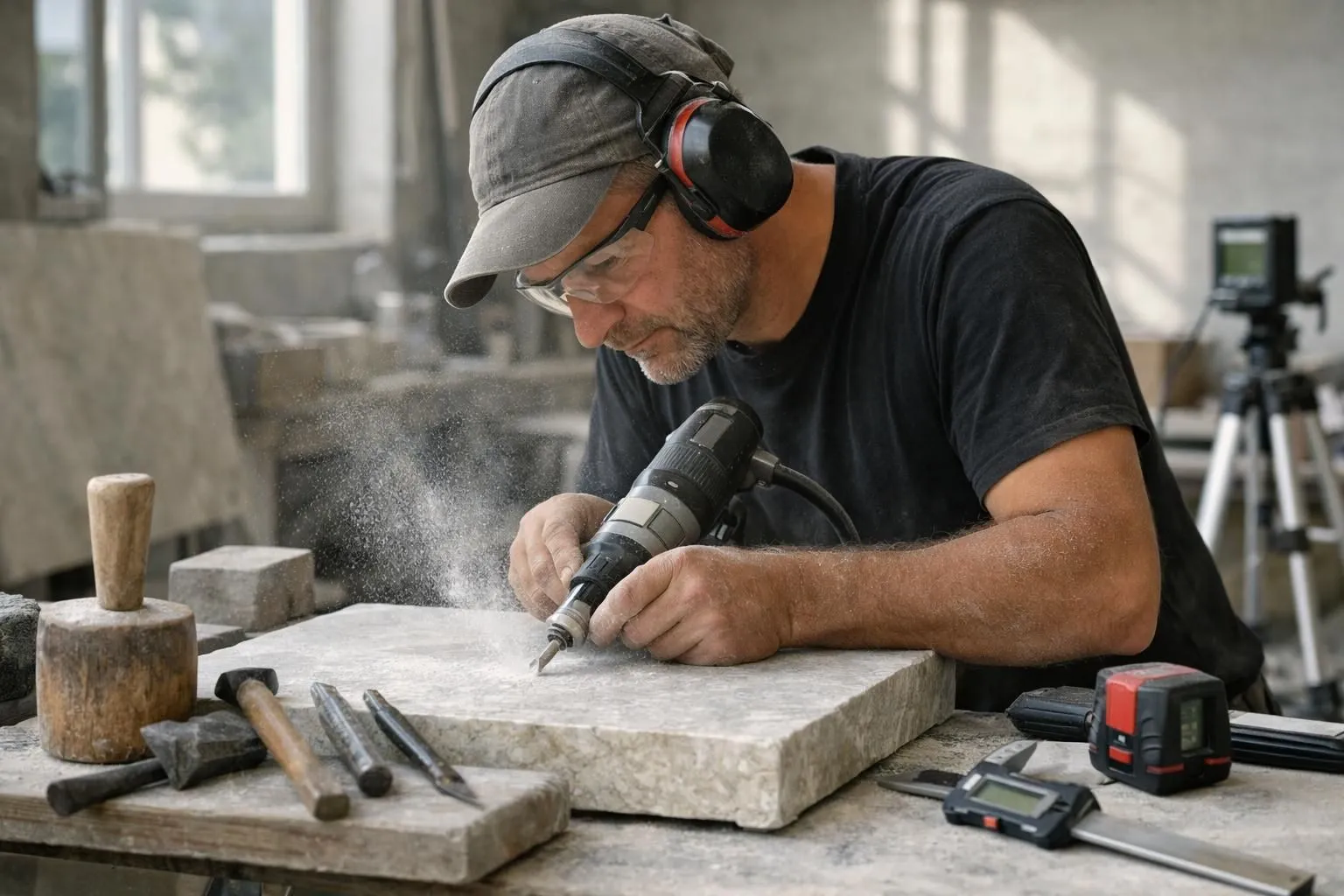 Skilled craftsman in Swiss workshop carefully shaping premium natural stone slab with modern precision equipment, marble dust floating in natural light, traditional masonry tools alongside digital measuring devices, workshop setting with raw stone blocks