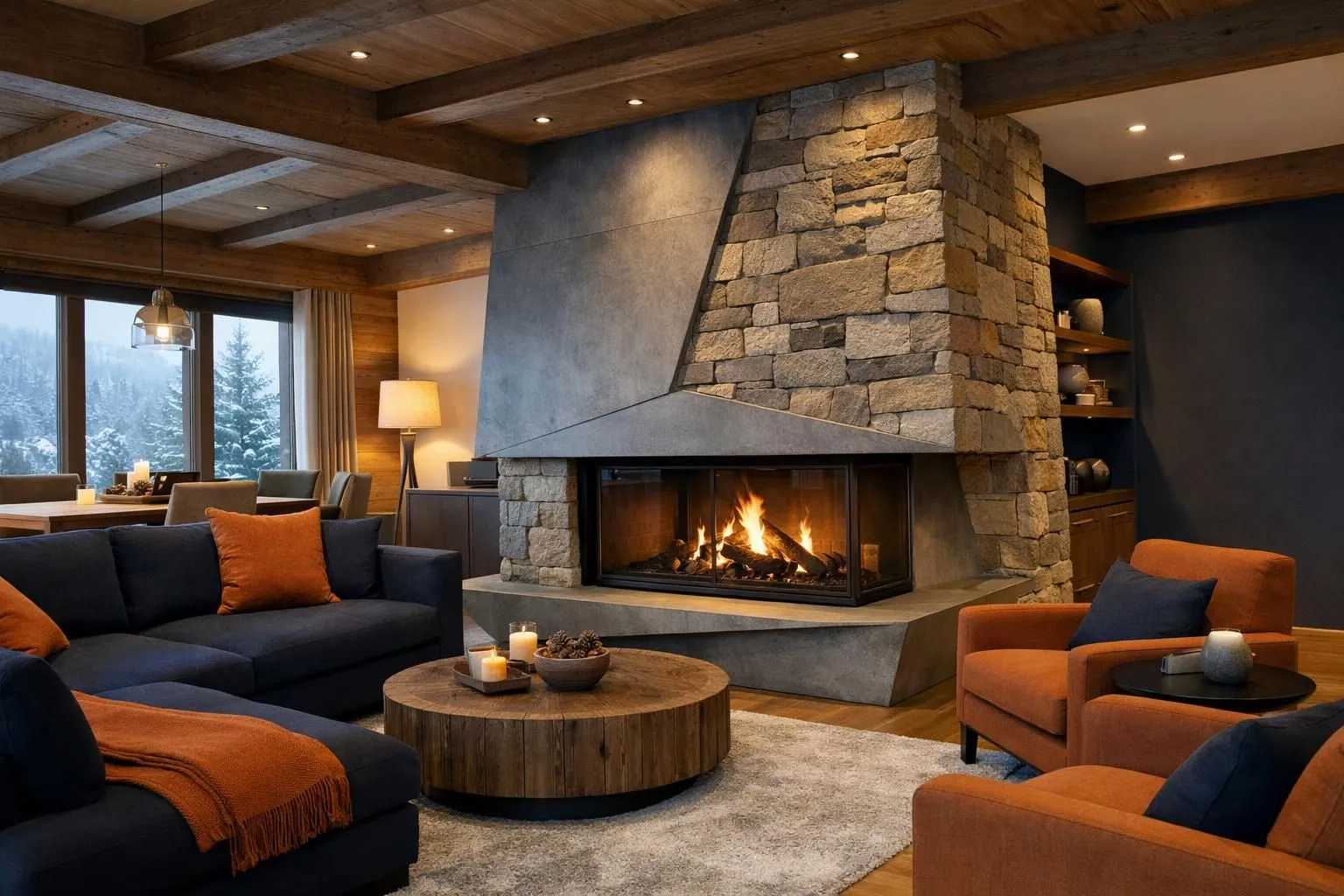 Luxurious contemporary fireplace with natural stone surround featuring unique veining patterns, warm ambient lighting, Swiss mountain chalet interior with sophisticated design details