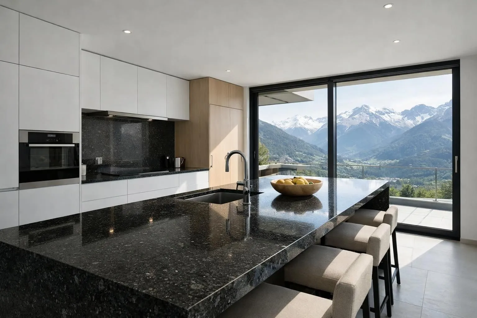 Luxurious open-plan kitchen in contemporary Swiss villa featuring polished black Zimbabwe granite countertops and waterfall island, natural daylight illuminating the deep black surface texture, modern minimalist cabinets, mountain view through large windows, professional architectural photography