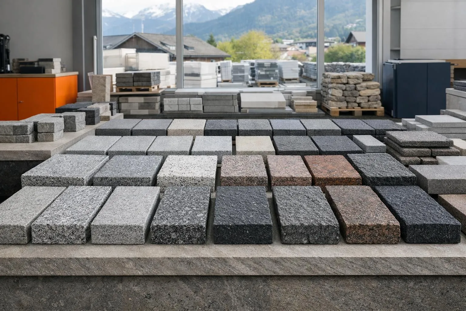 Detailed close-up photograph of various granite paver samples displayed on a professional stone merchant counter, showing different colors from light grey to dark charcoal, with visible surface finishes including flamed and bush-hammered textures, natural lighting highlighting the stone grain patterns, professional construction materials setting in Switzerland