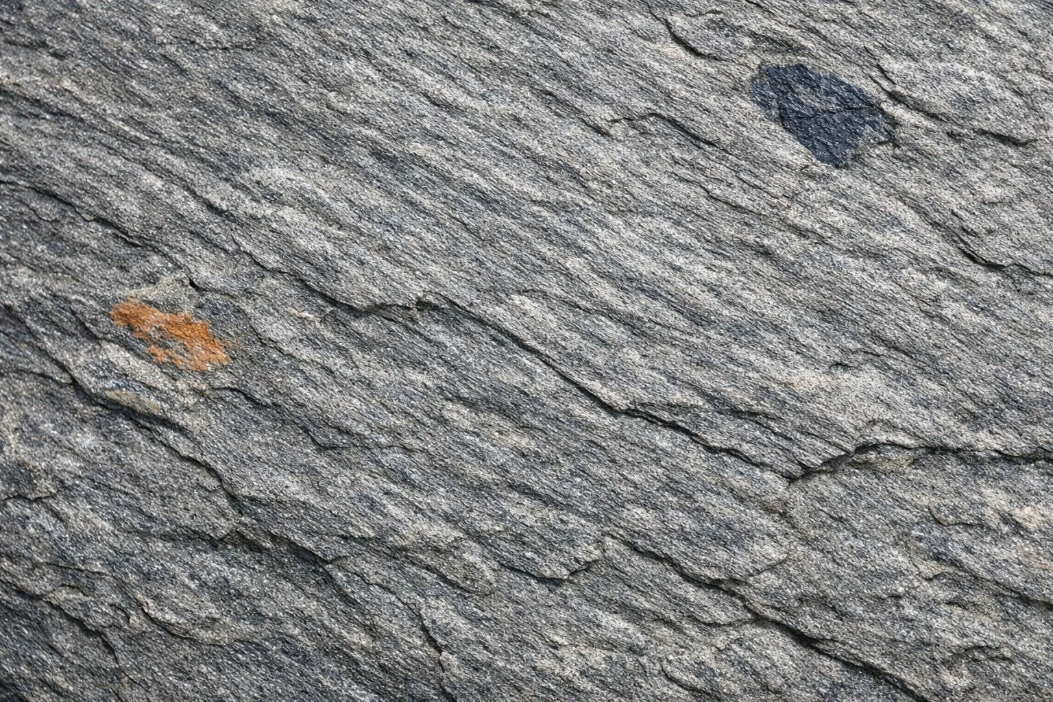 Close-up of natural aged phyllite rock surface showing distinctive silvery-gray layered metamorphic texture with fine-grained foliation and subtle weathered patina in natural outdoor lighting