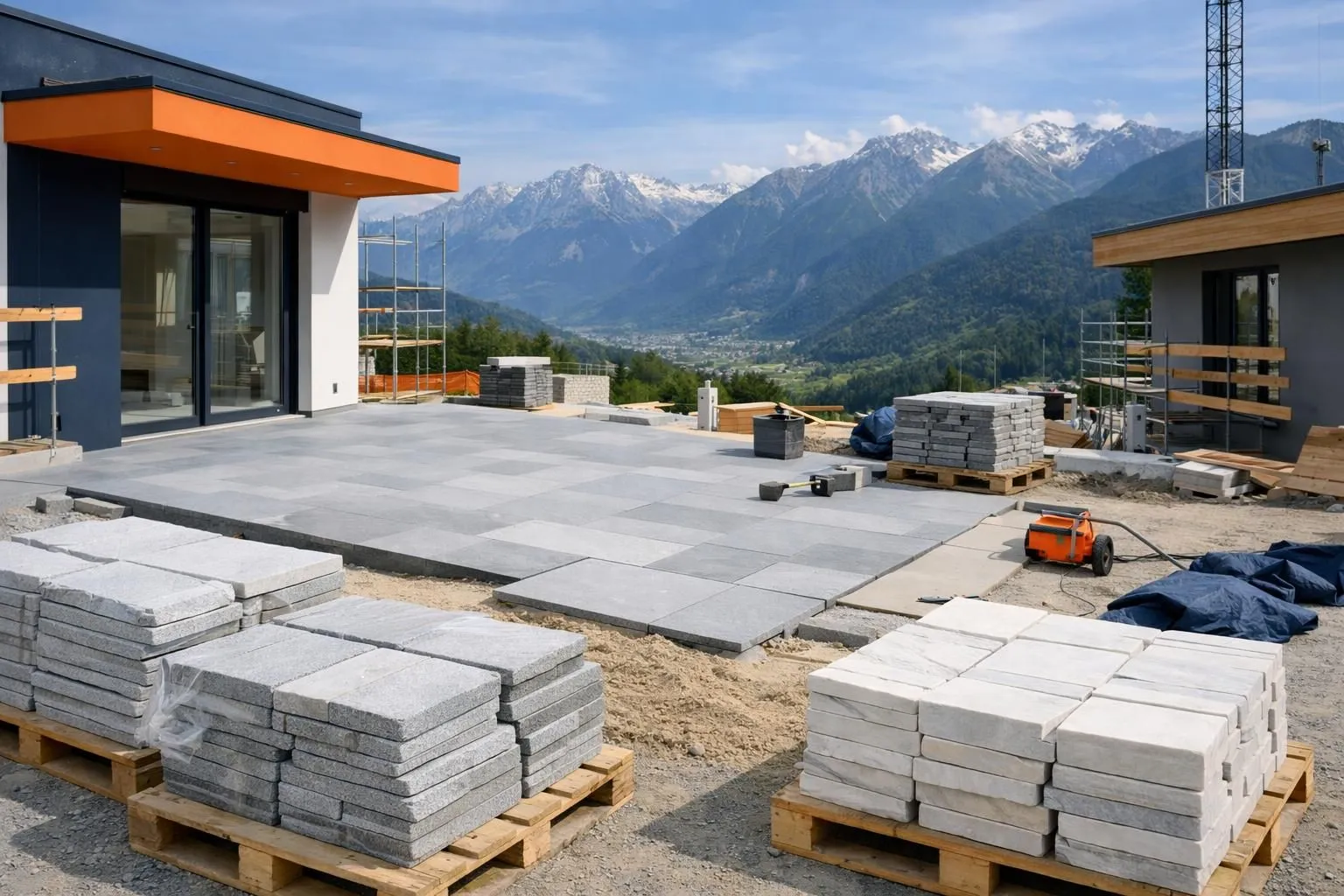 Wide-angle shot of a modern Swiss residential construction site showing stacks of premium natural stone slabs (granite, marble) organized on wooden pallets, with a partially completed outdoor terrace featuring elegant stone paving, set against a backdrop of Alpine mountains, natural daylight, professional construction environment