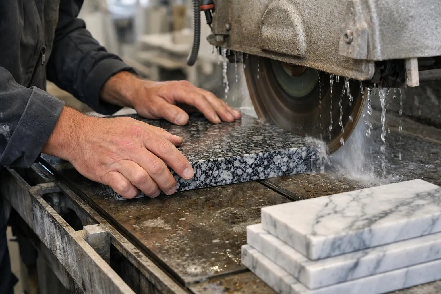 Close-up of a skilled craftsman's hands carefully cutting natural stone slabs with a professional wet saw, surrounded by marble and granite samples of different colors, in a well-lit workshop in Switzerland, showing precision work and material texture details