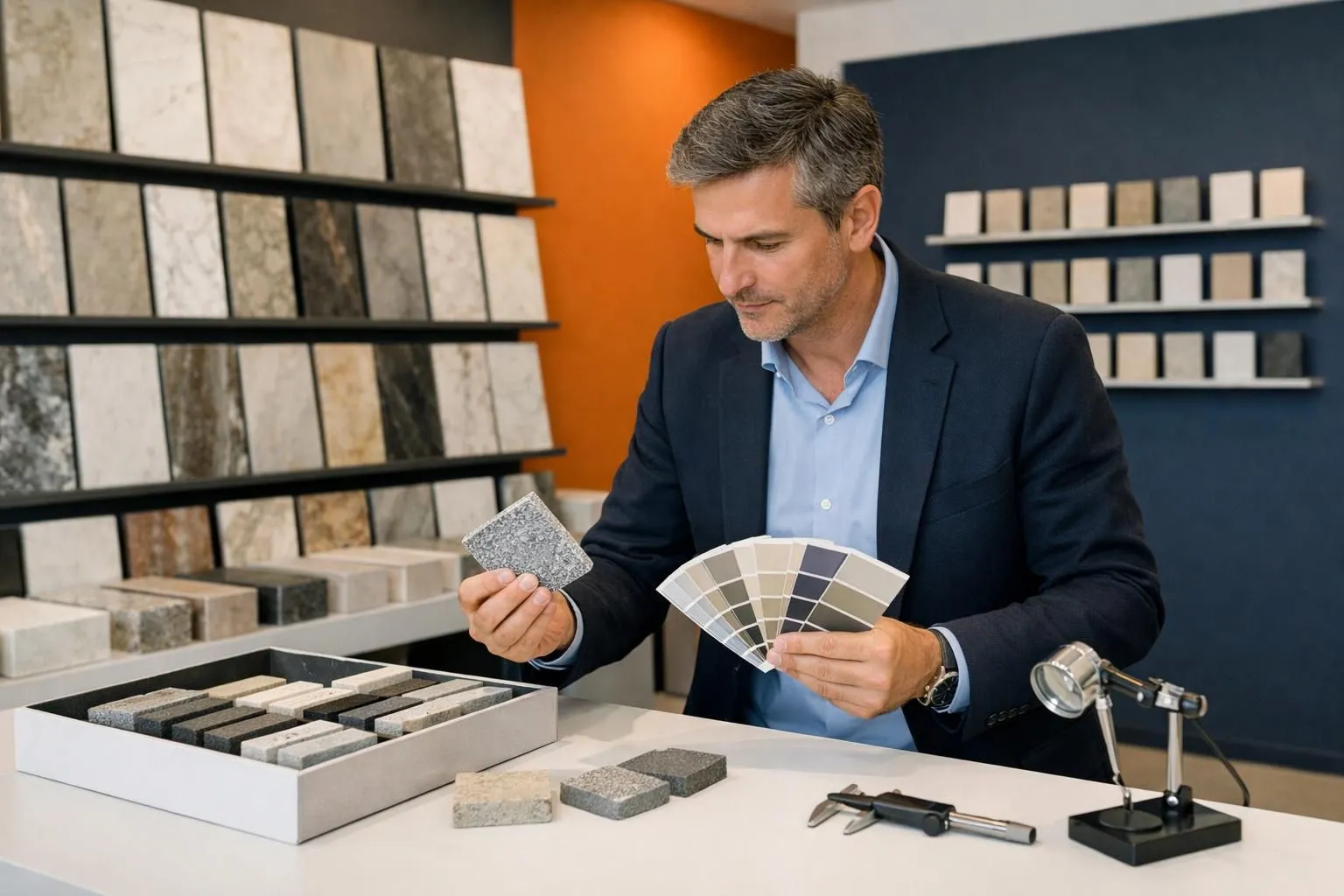 Professional architect examining natural stone samples and material swatches at modern Geneva supplier showroom with organized stone displays and quality control equipment