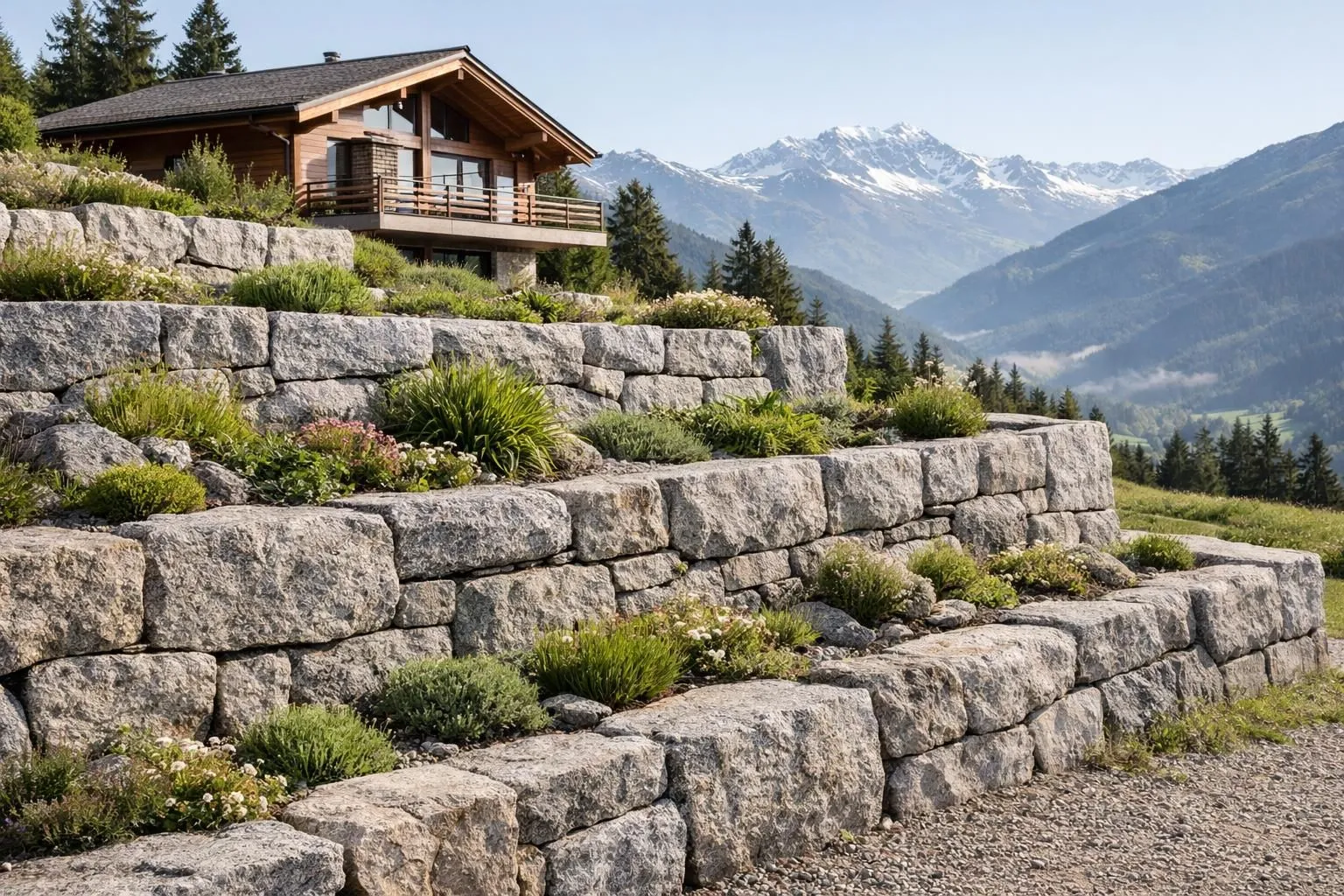 Elegant natural stone retaining wall constructed with granite blocks terracing a sloped garden in Swiss Alps landscape, modern chalet visible in background, natural alpine vegetation growing between stones, morning light highlighting stone texture and craftsmanship