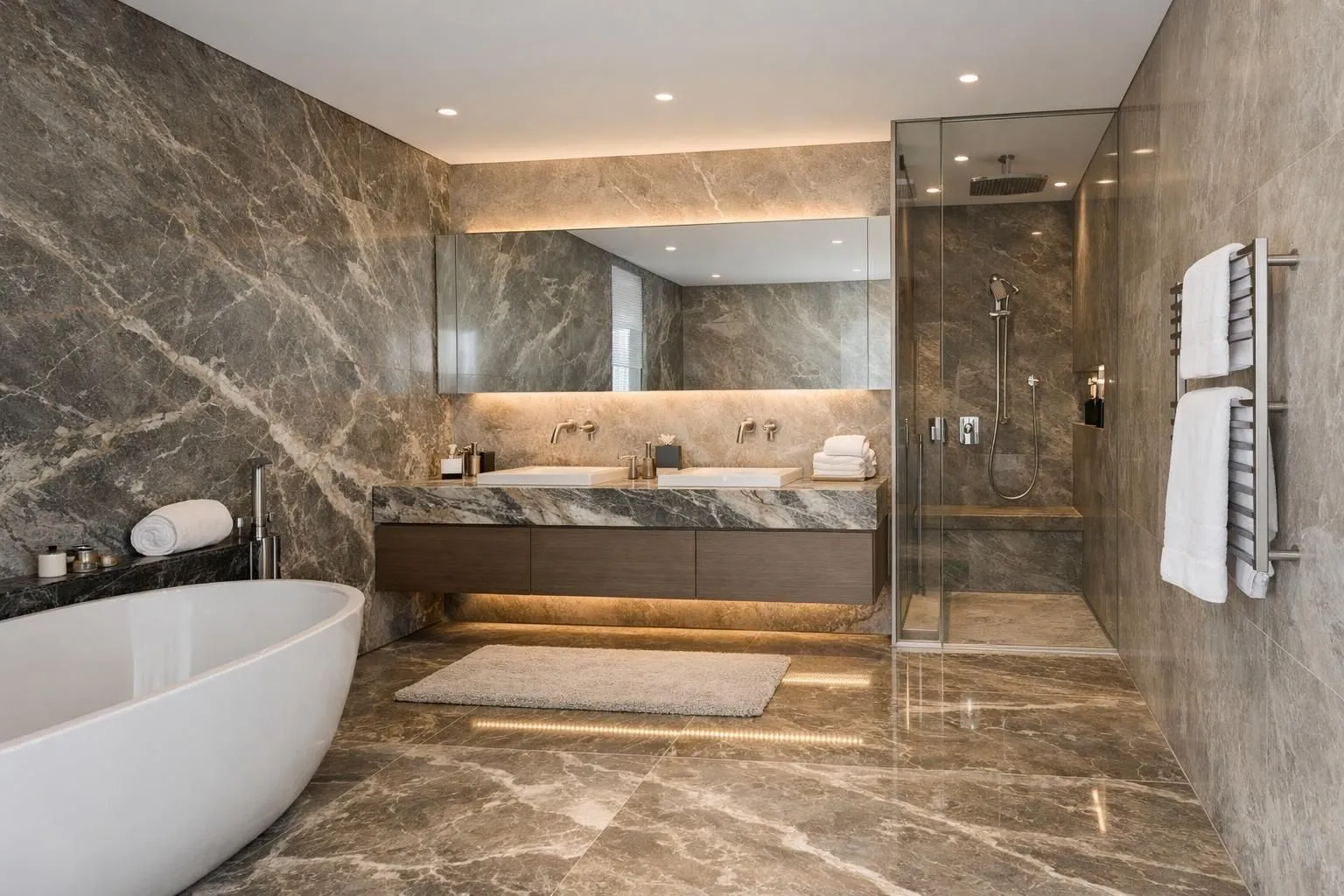 Luxurious modern bathroom with natural stone walls and flooring, showcasing marble or granite surfaces with unique veining patterns, warm ambient lighting reflecting off polished stone, underfloor heating visible through floor detail, elegant fixtures, high-end Swiss residential interior design