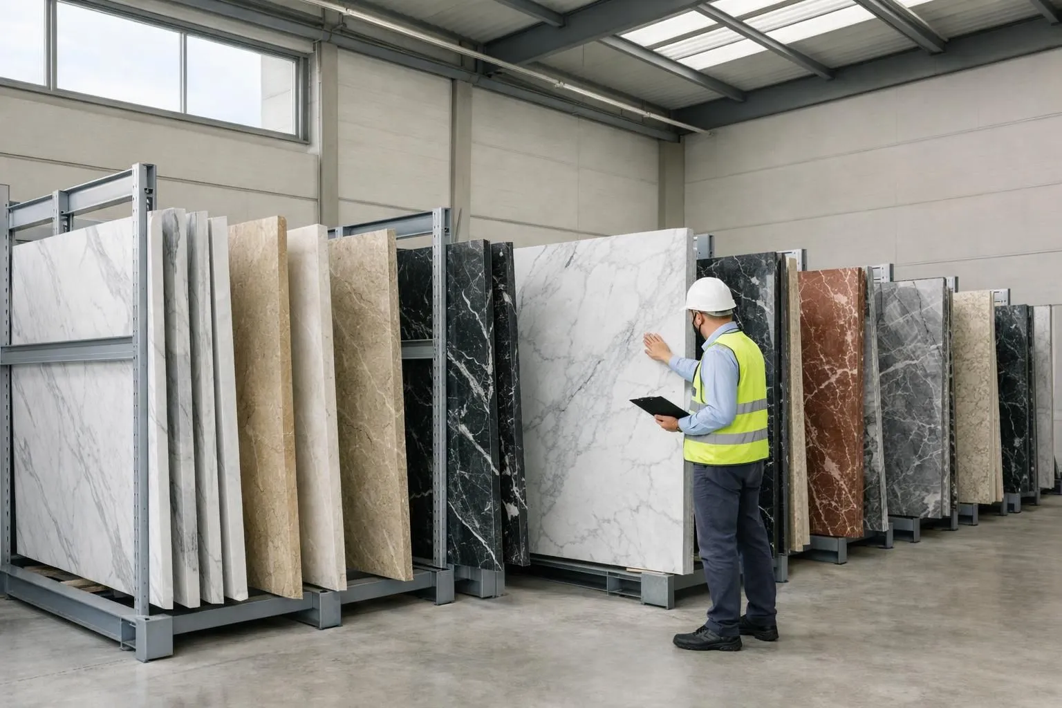 Professional Swiss warehouse interior with premium marble slabs displayed vertically on steel racks, showing various colors and veining patterns including white Carrara and dark Nero Marquina, with a quality inspector examining stone surfaces under natural daylight from industrial windows