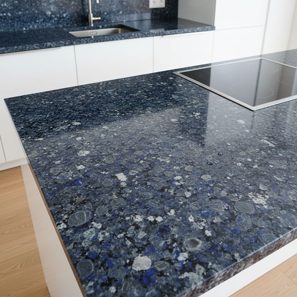 Un plan de travail de cuisine en granit bleu qui en jette, montrant bien sa résistance et sa beauté en situation réelle.
