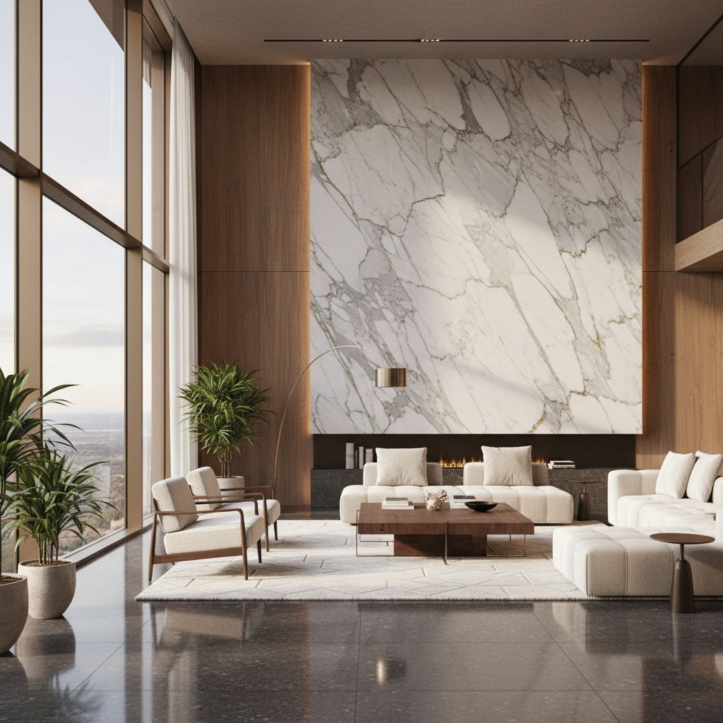 Un intérieur de salon luxueux et moderne présentant un mur en marbre veiné et un sol en granit poli, illustrant l