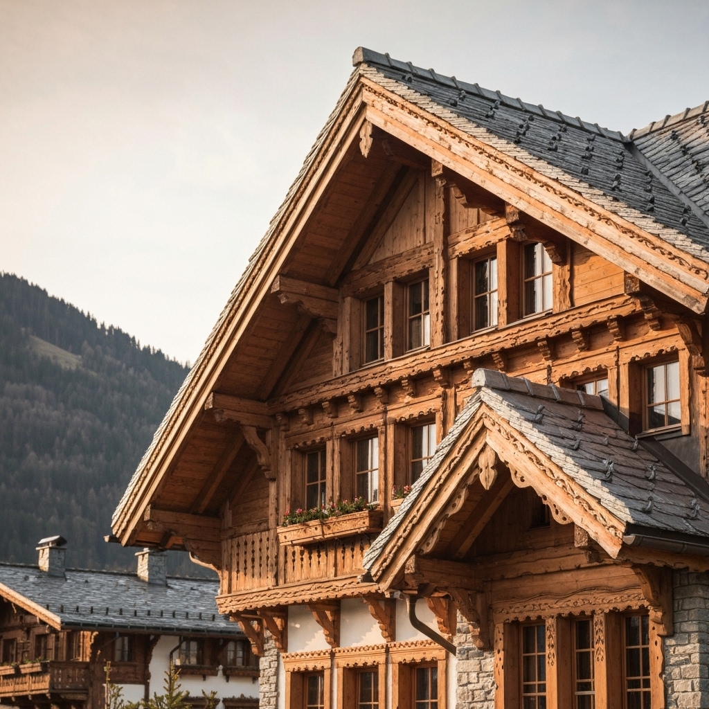 Architectural diagram showing different applications of stone in a Swiss chalet: roof slate, granite foundation, limestone interior floors