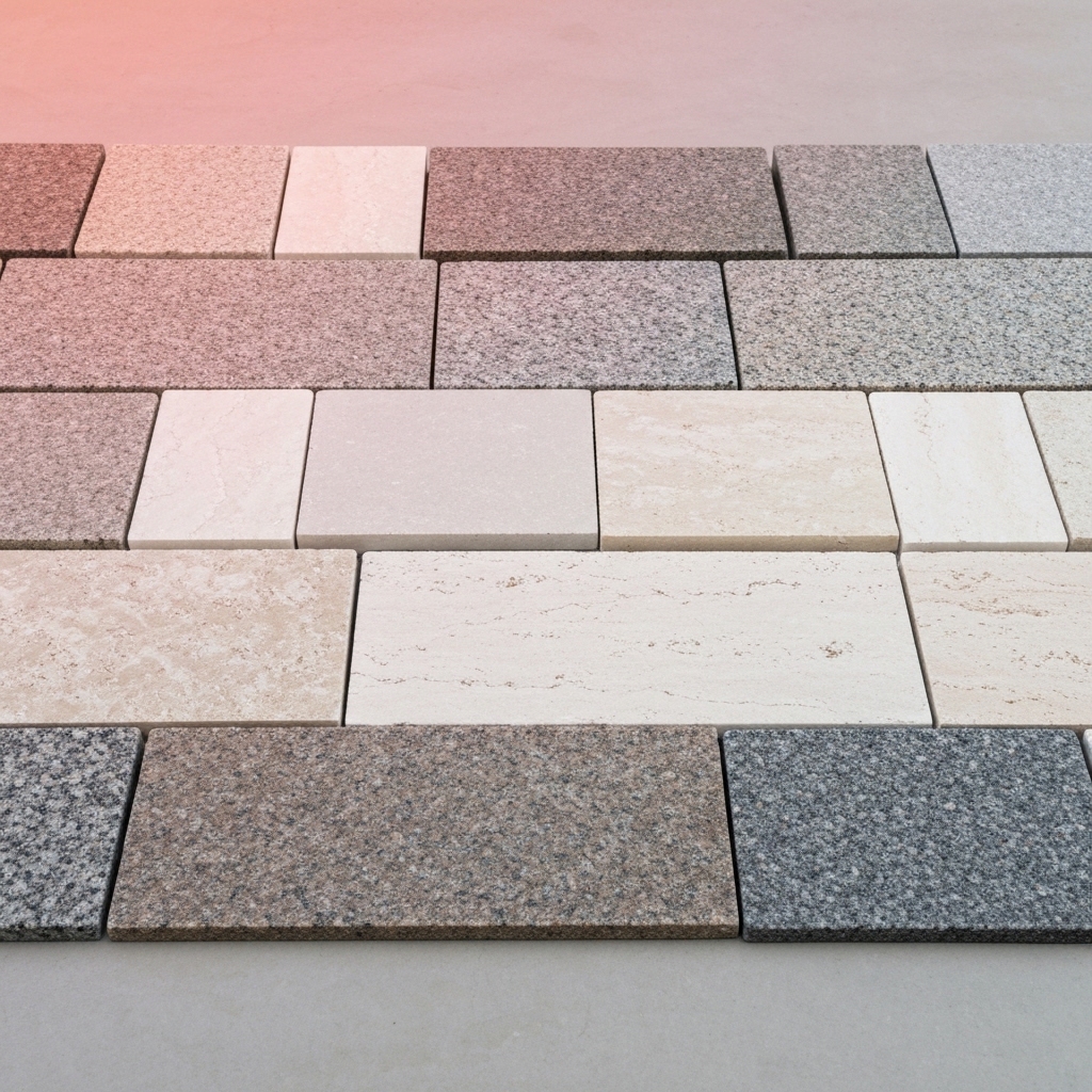 Close-up display of various natural stone samples arranged side by side, showing distinct textures of granite, quartzite, limestone and travertine with natural lighting highlighting their unique surface patterns
