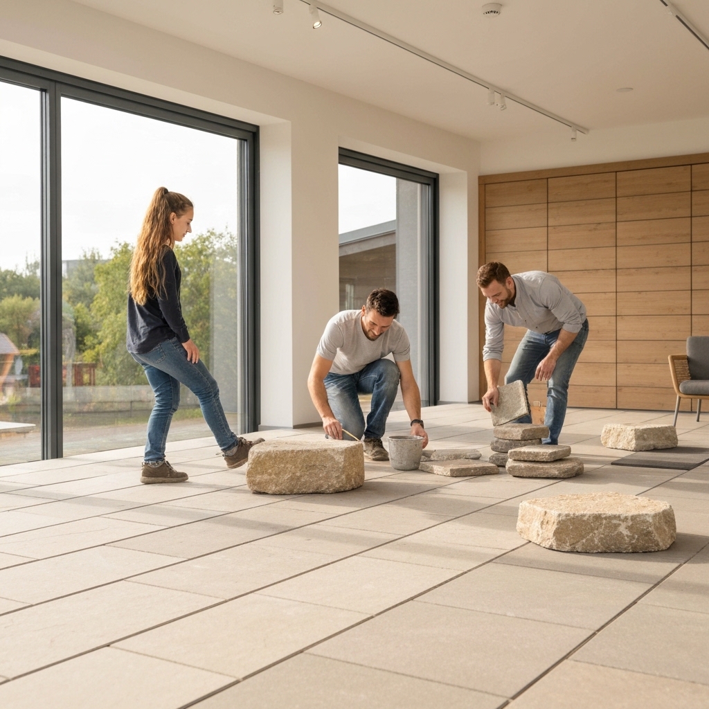 Comparison scene showing a pristine natural stone terrace next to synthetic material samples in a Swiss architectural showroom, highlighting the quality difference and durability of natural stone materials