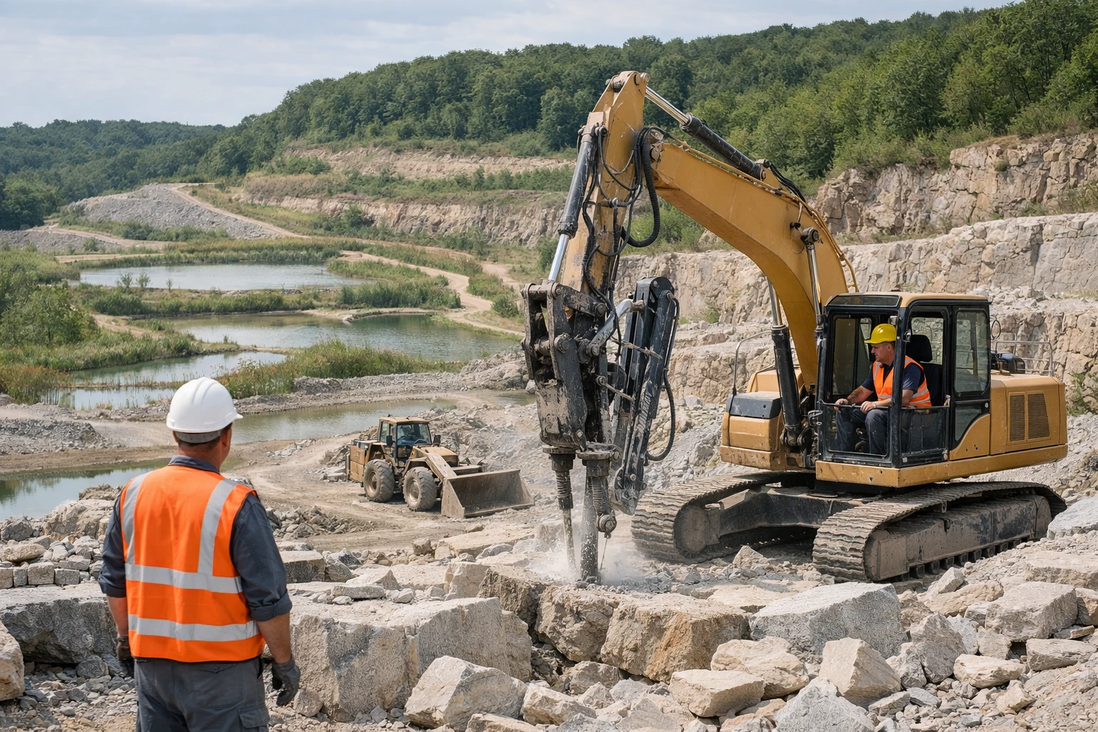 Modern stone quarry with eco-friendly extraction equipment showing sustainable mining practices with preserved natural vegetation and water management systems in Switzerland