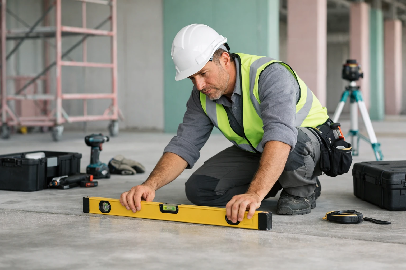 Professional construction worker checking floor flatness with a long spirit level on a concrete subfloor, preparation tools and inspection equipment visible, industrial construction site environment in Switzerland