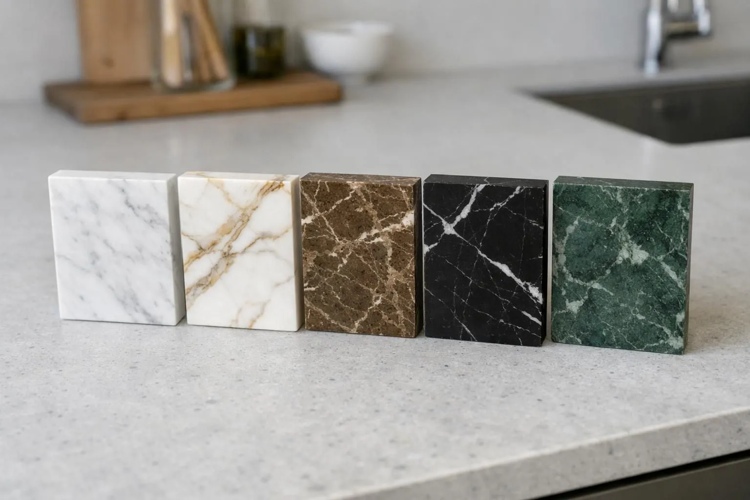 Close-up comparison display of five premium marble sample slabs showing distinct characteristics: white Carrara with gray veining, Calacatta with golden veins, brown Emperador with rich tones, black Marquina with white streaks, and green marble sample, arranged on modern kitchen countertop surface in Swiss showroom setting with natural lighting