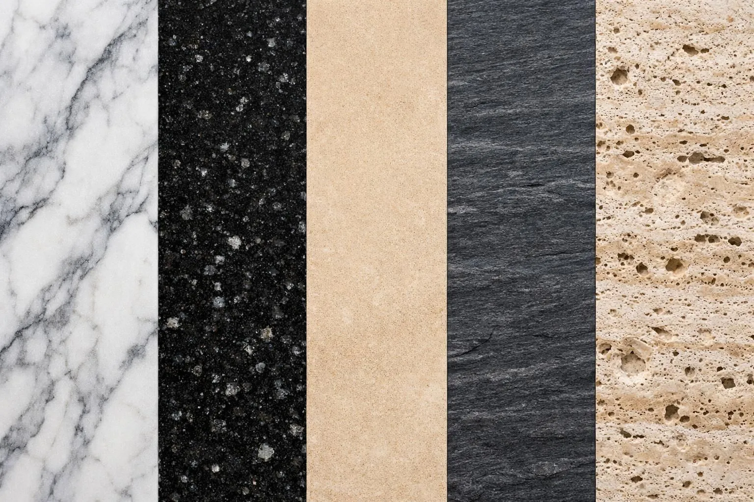 Close-up horizontal collage showing five distinct natural stone textures for fireplaces: white marble with grey veins, polished black granite with speckles, beige limestone with smooth surface, dark grey slate with linear grain, and travertine with natural porous cavities, arranged side by side to display material variety and quality for Swiss construction projects