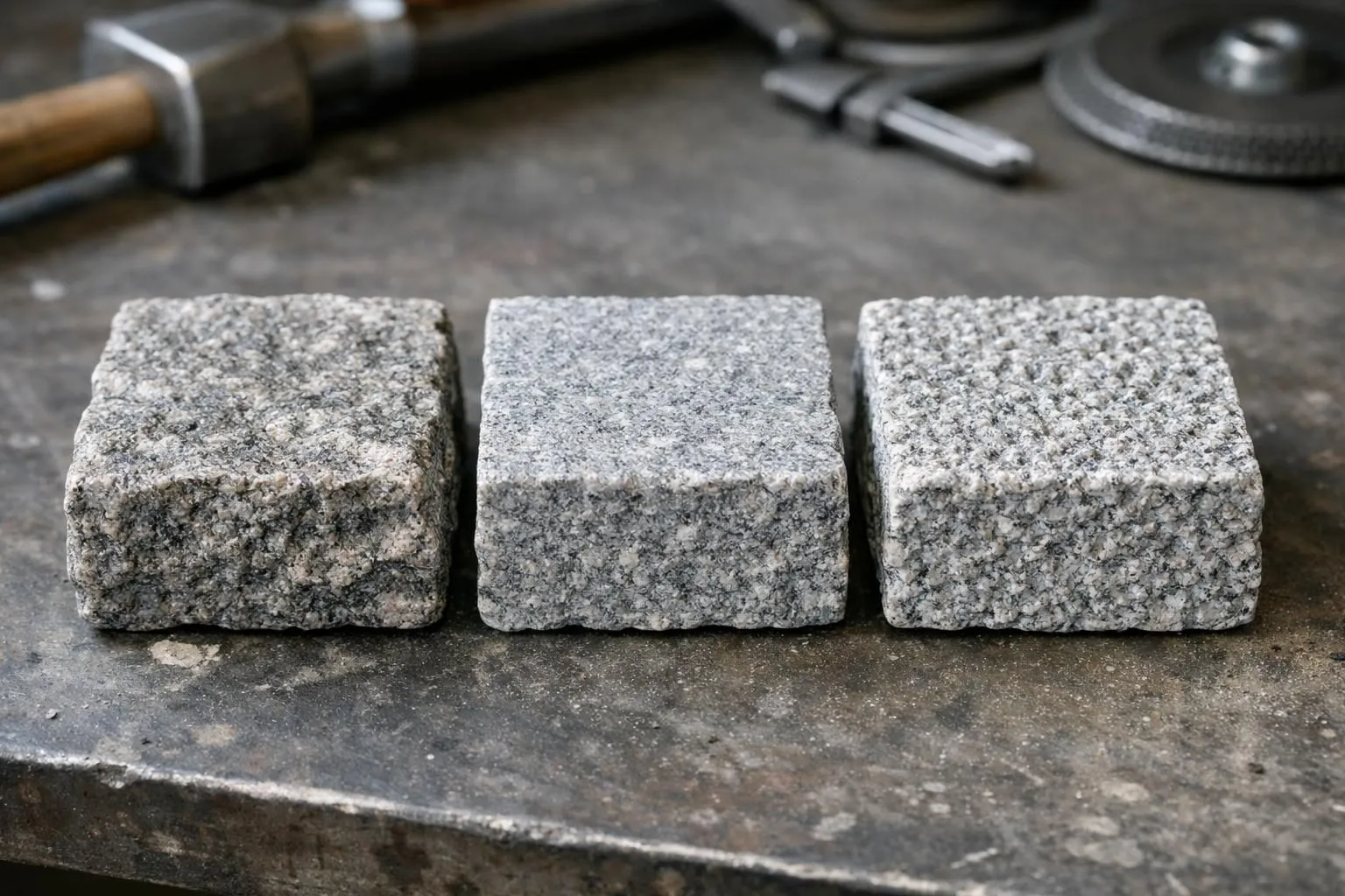 Close-up comparison of three granite paver samples showing different surface finishes: rough cut, flamed texture, and bushhammered finish, arranged side by side on a professional workbench with professional lighting highlighting surface textures