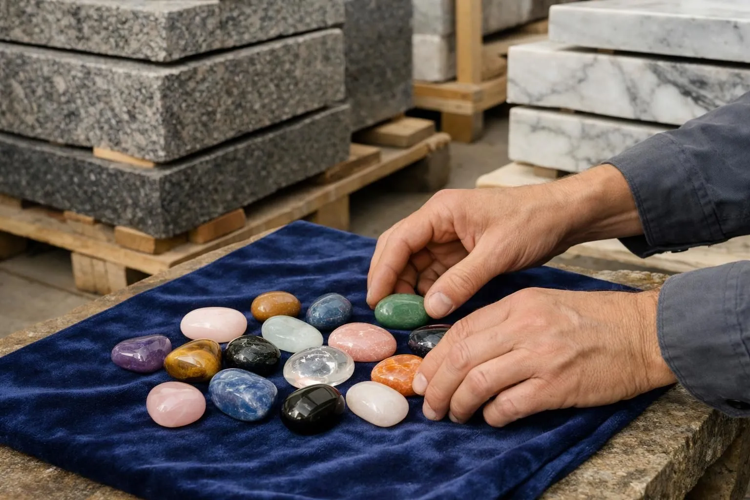 Split comparison warehouse scene showing small polished healing crystals displayed on velvet cloth on left side, contrasted with massive granite and marble construction slabs stacked on industrial pallets on right side, professional stone supplier setting with natural lighting, realistic photography style without any text or labels
