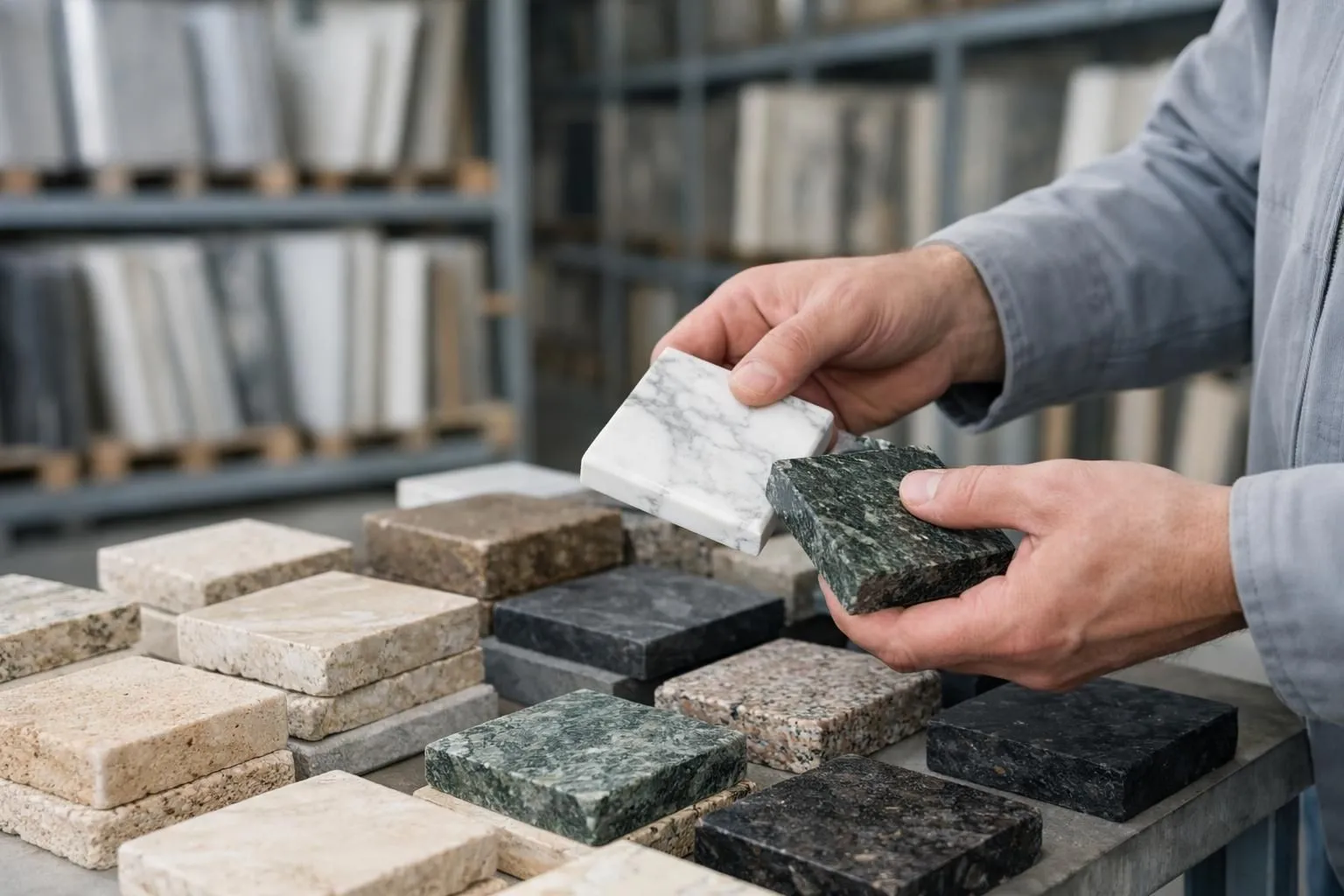 Professional warehouse interior displaying various natural stone slabs and materials on vertical racks, including granite, marble, and limestone samples in different colors and textures, with modern lighting highlighting the stone surfaces, industrial shelving system, clean organized space typical of high-end construction material supplier in Geneva