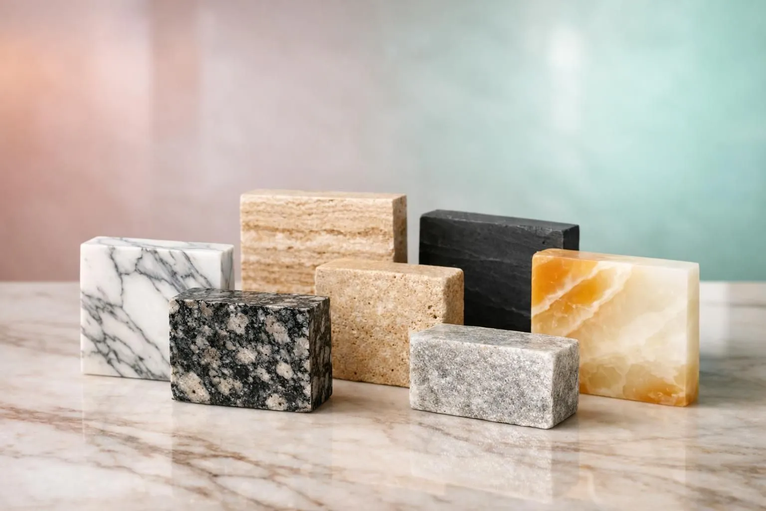 Elegant display of seven different natural stone samples arranged on a luxurious surface, showcasing marble with veining, polished granite, textured limestone, warm travertine, dark slate, shimmering quartzite, and translucent onyx pieces with distinct colors and finishes, photographed in professional hotel interior lighting