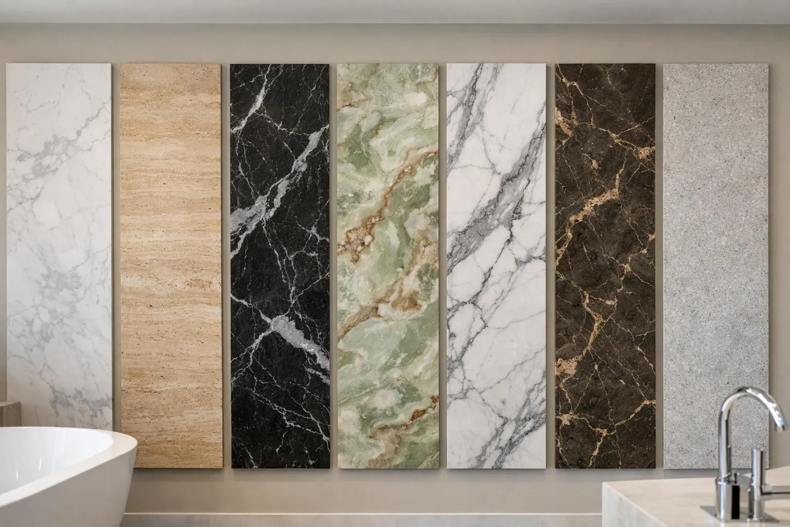 Modern bathroom showroom displaying seven distinct natural stone samples arranged side by side on wall panels: white marble with grey veining, speckled grey granite, beige travertin with holes, dark slate tiles, cream limestone, white quartzite, and translucent onyx. Professional lighting highlighting each stone's unique texture and pattern. Interior design setting with actual stone slabs mounted vertically for comparison. Clean, professional photography showing material details and color variations.