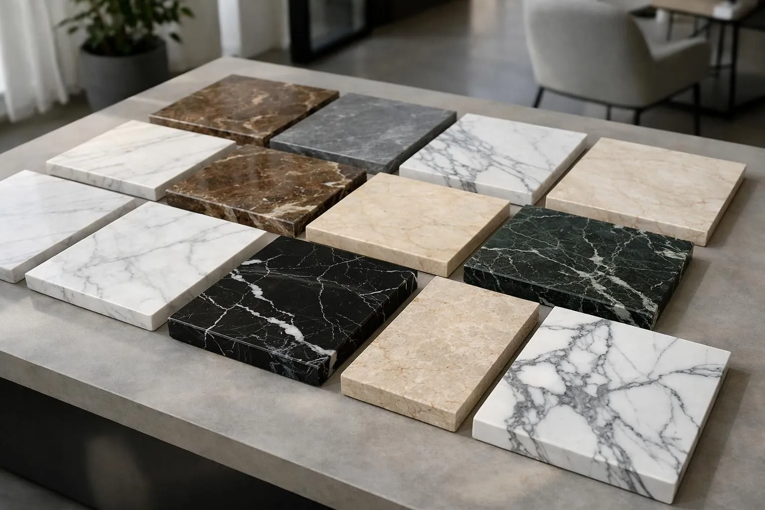 Premium marble samples displayed on professional stone showroom table with different varieties including white Carrara with grey veining, golden Calacatta, dark brown Emperador and colorful Turkish varieties arranged under natural lighting showing texture and patterns