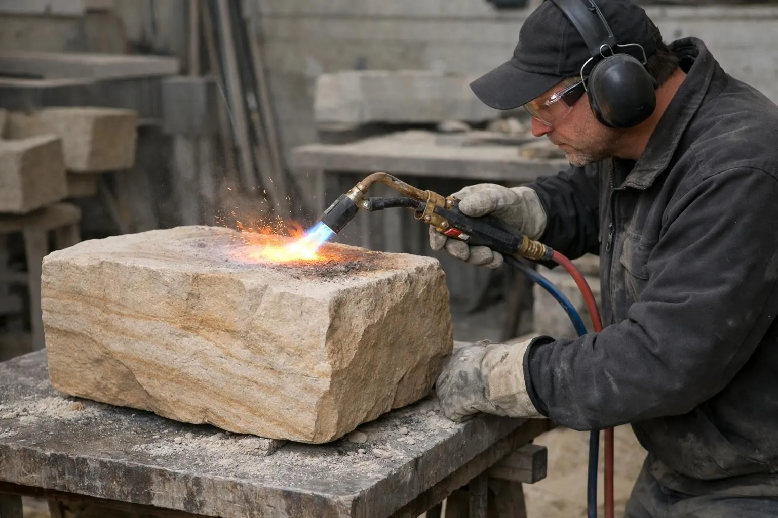 Industrial workshop scene showing artisan operating propane torch flame treatment on large natural sandstone slab mounted on work table, visible textured surface transformation in progress, protective equipment, professional stone processing environment, warm lighting highlighting rough texture detail