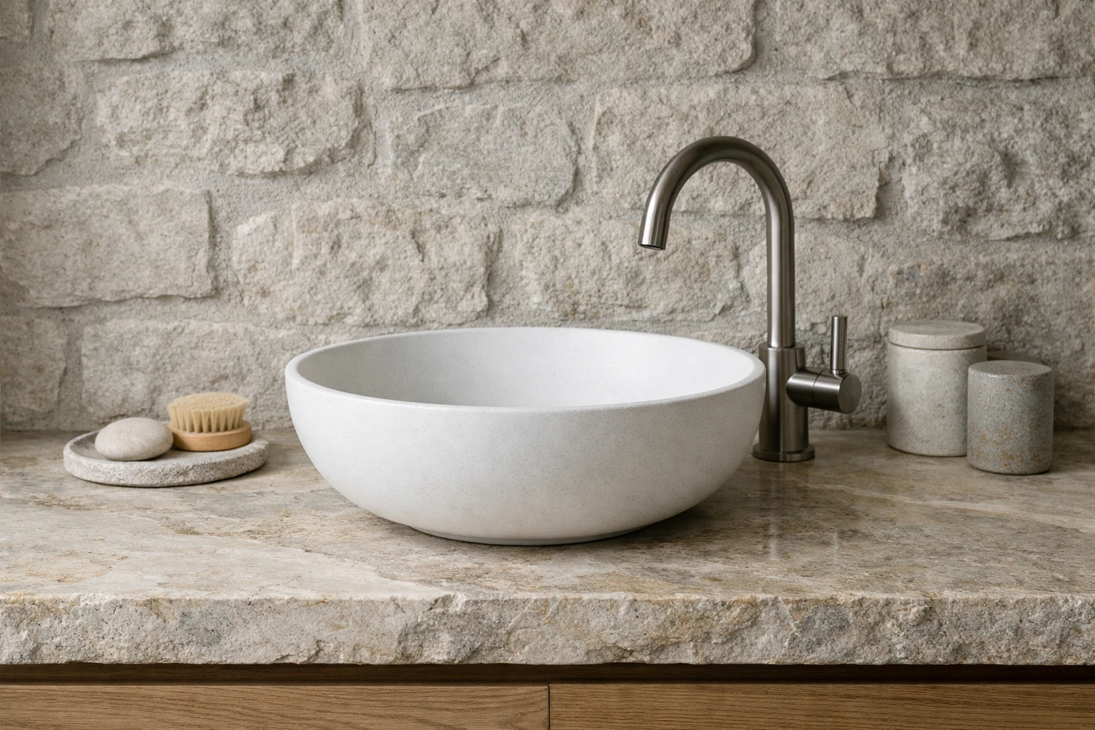 Luxurious bathroom interior showcasing natural stone wall cladding behind freestanding bathtub, limestone floor tiles with visible veining, marble vanity countertop with integrated basin, soft natural lighting highlighting stone textures, modern fixtures, spa-like atmosphere without any text or labels