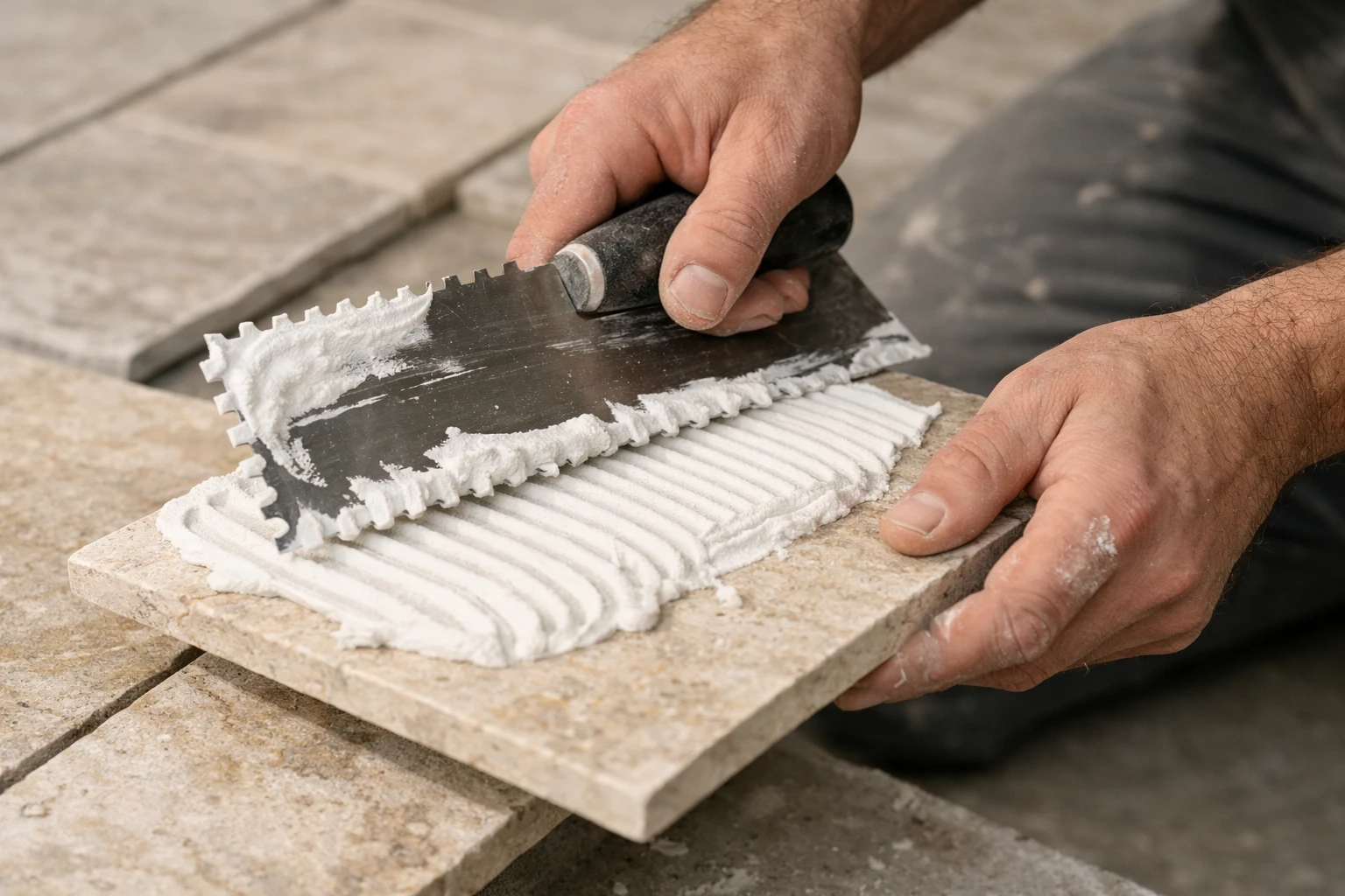 Professional installer applying white specialized adhesive mortar with serrated trowel on natural limestone tiles indoors, close-up of hands working with precise technique